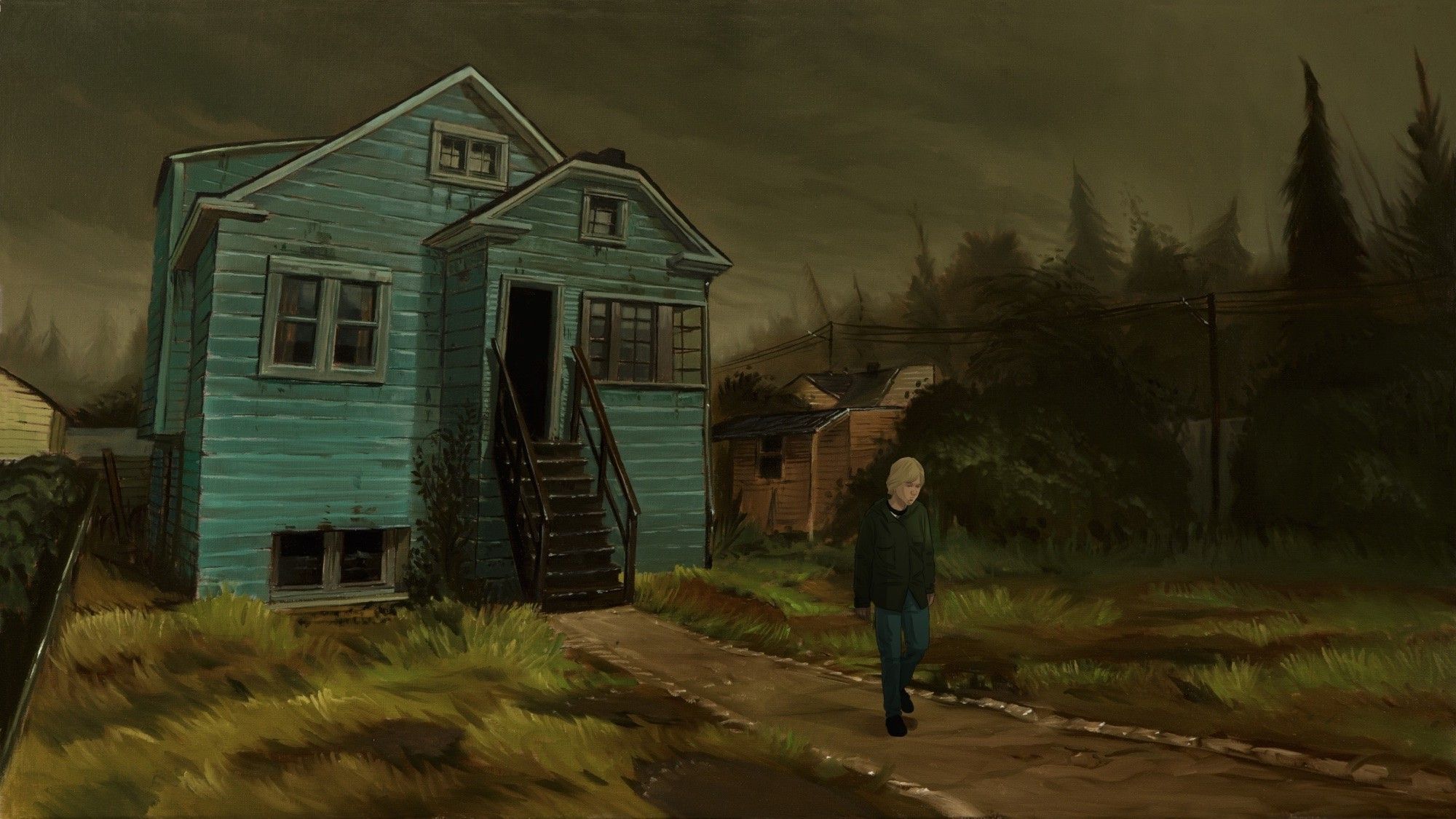 A painting of an old house and person - Nirvana