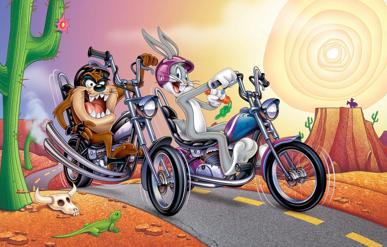 Wallpaper Rabbit, Motorcycle, Cartoon, Taz, The Tasmanian devil, Looney Tunes, Bugs Bunny, Bugs Bunny, Tasmanian Devil, Bugs Bunny image for desktop, section фильмы