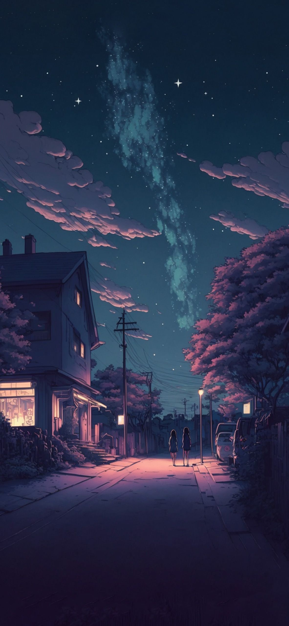 Night scenery anime houses couple stars phone wallpaper - Night, anime, HD
