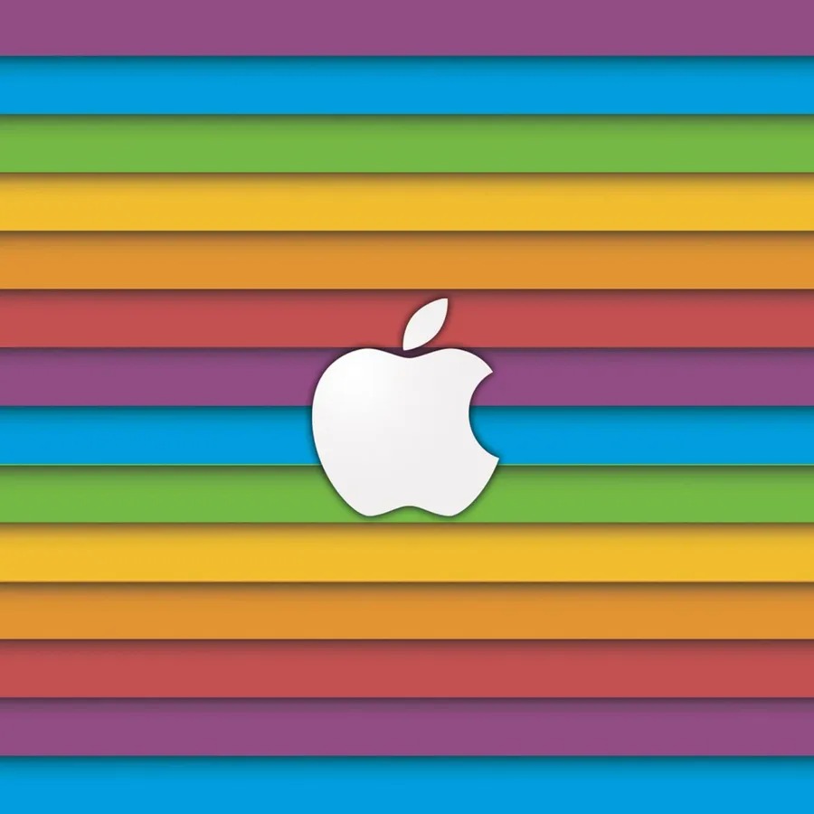 An Apple logo on a colorful striped background - Rainbows