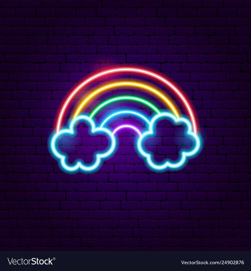 Neon rainbow and clouds on a brick wall - Rainbows