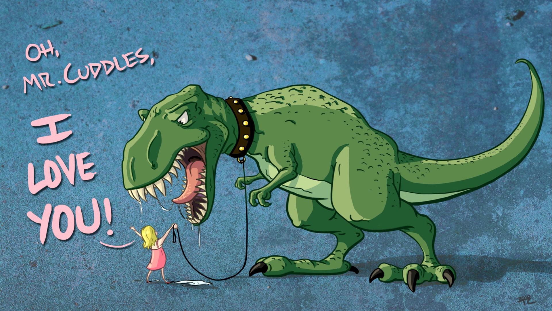 A cartoon of a girl holding a leash on a T-Rex who is saying 