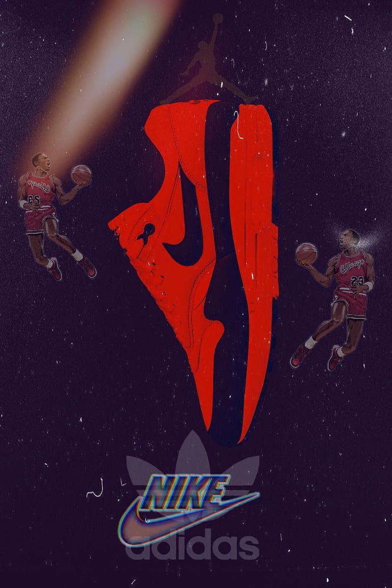 A graphic of a red Nike logo with two basketball players jumping in the air on either side of the logo. - Nike