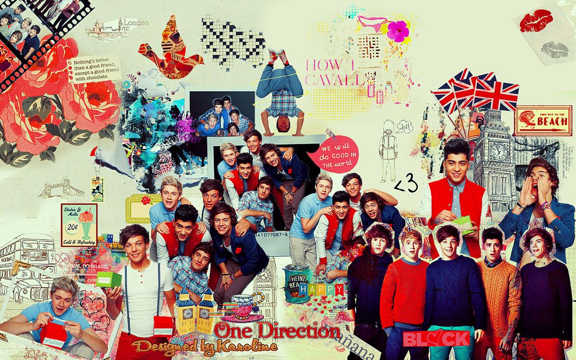 Collage of One Direction members in various poses and locations, with images of a camera, a cupcake, a heart, and a British flag. - One Direction
