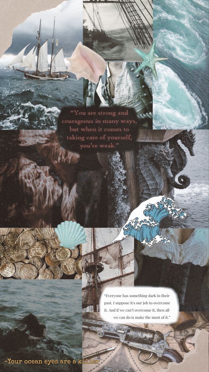 Collage of images of the ocean, ships, and coins - Pirate