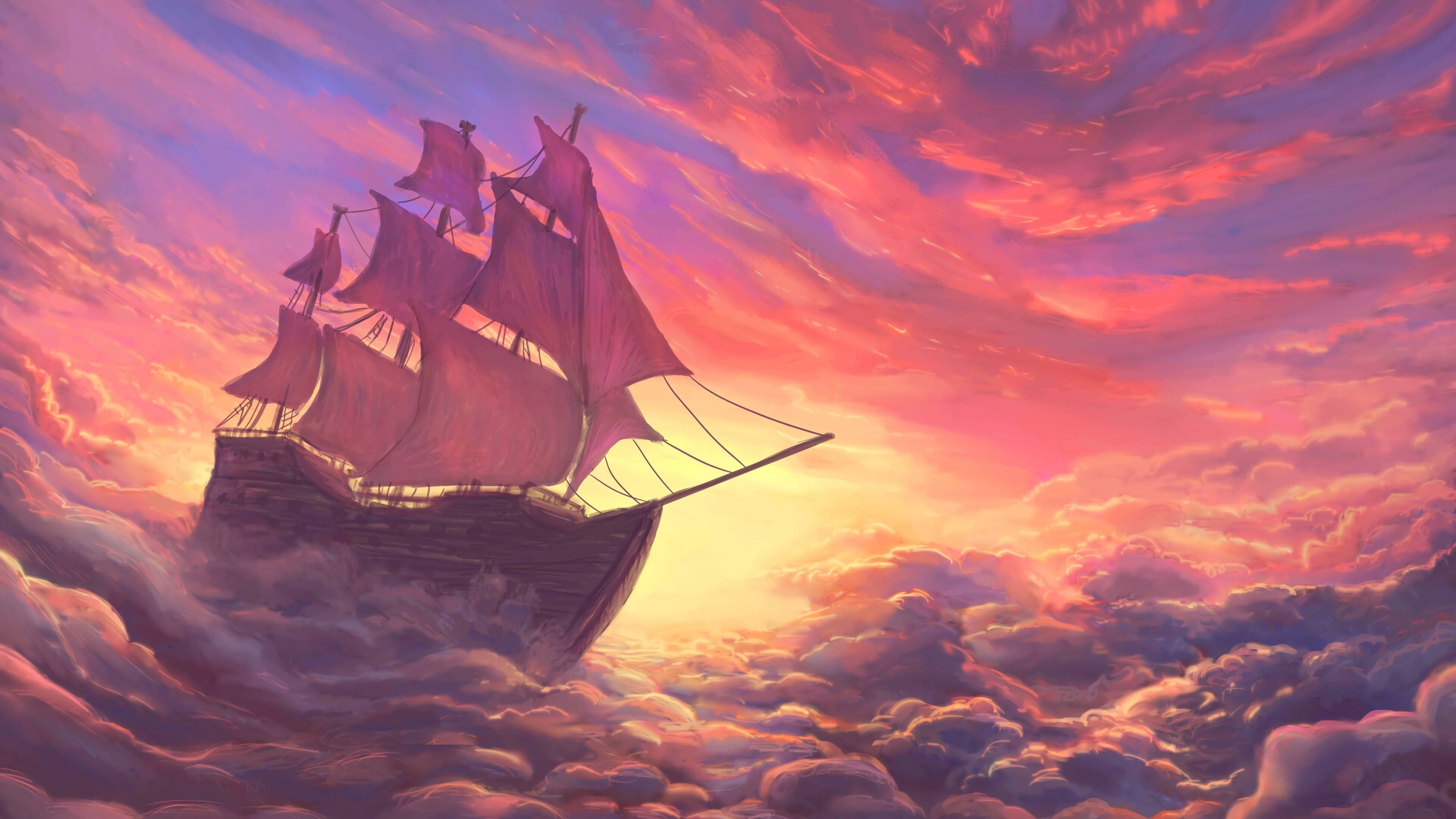 A ship sails through the clouds in a pink and blue sky - Pirate