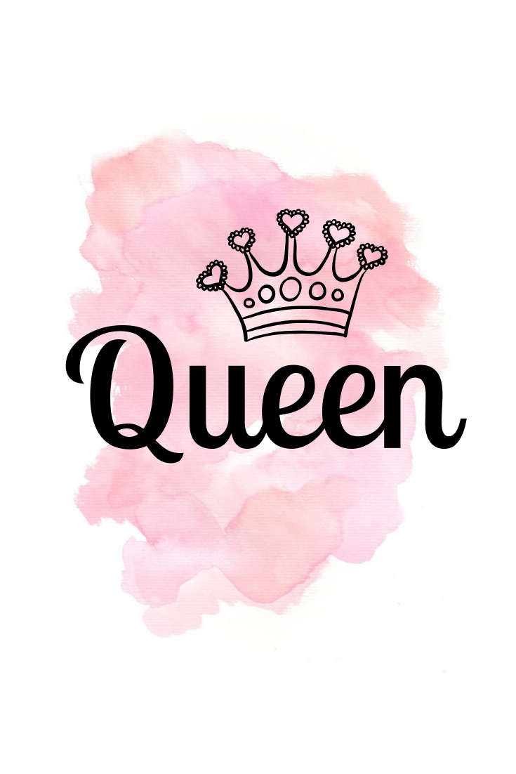 A pink watercolor background with the word queen - 