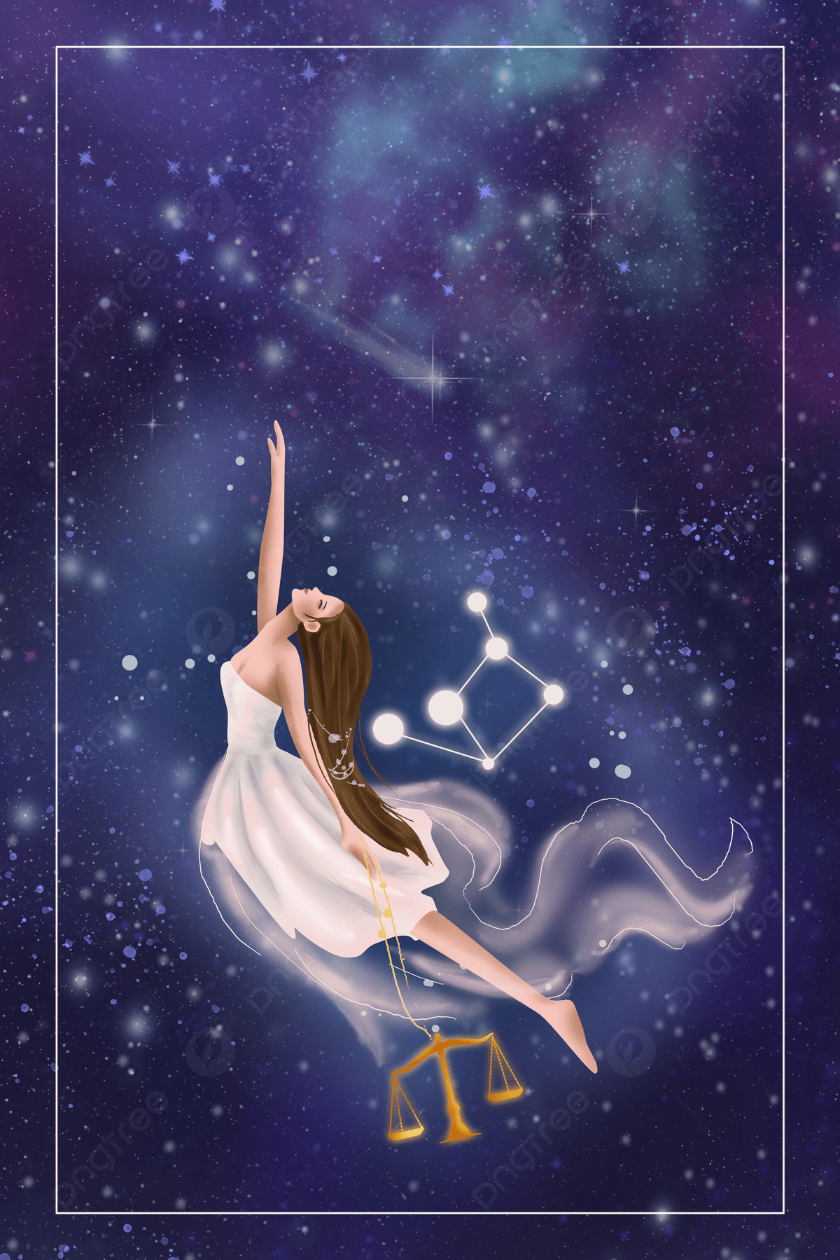 A woman in white dress holding scales and stars - Libra