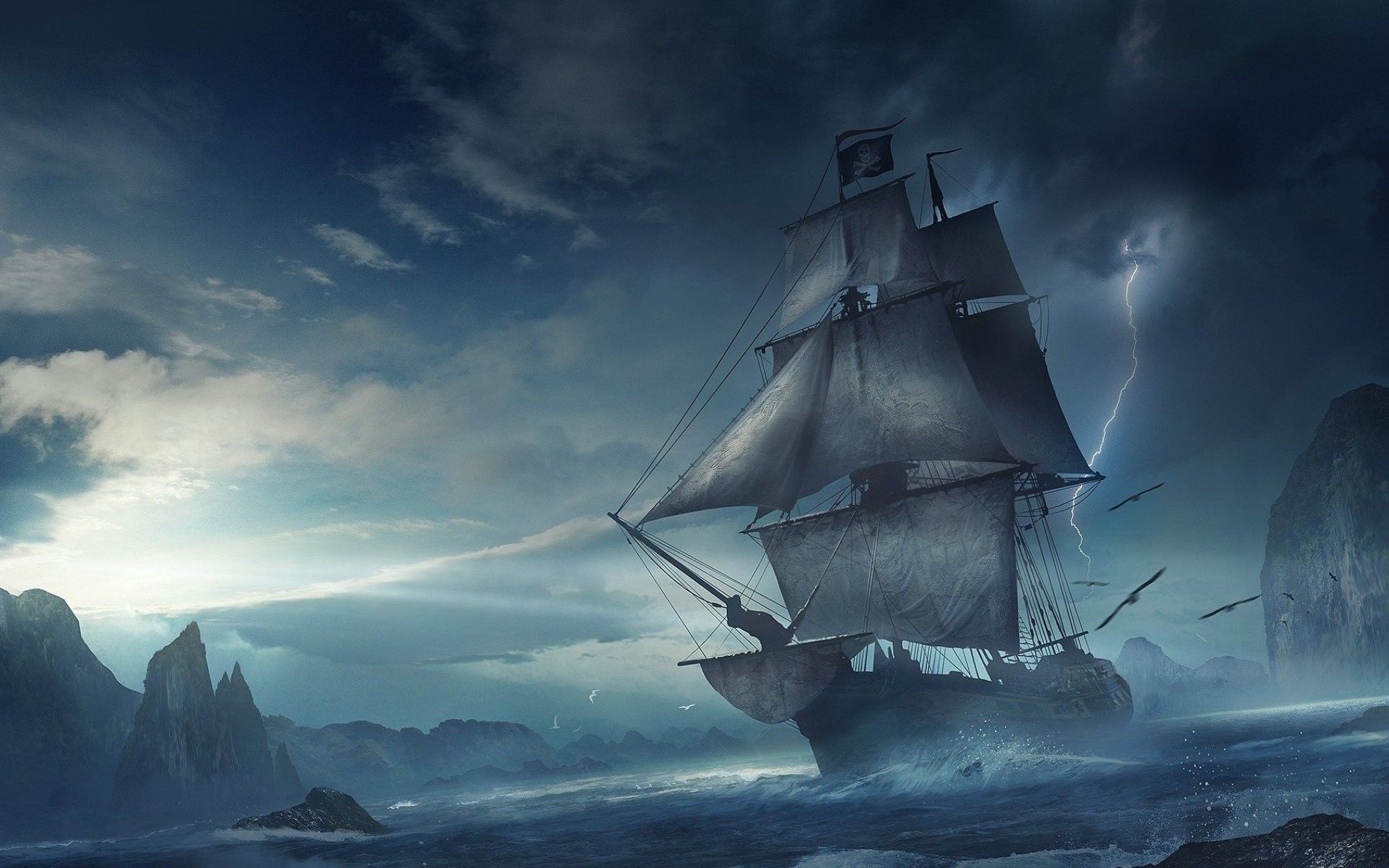 A ship sailing in the ocean with storm clouds - Pirate
