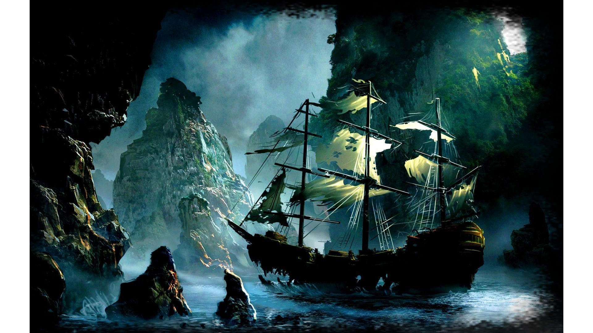 A painting of an old ship in the water - Pirate