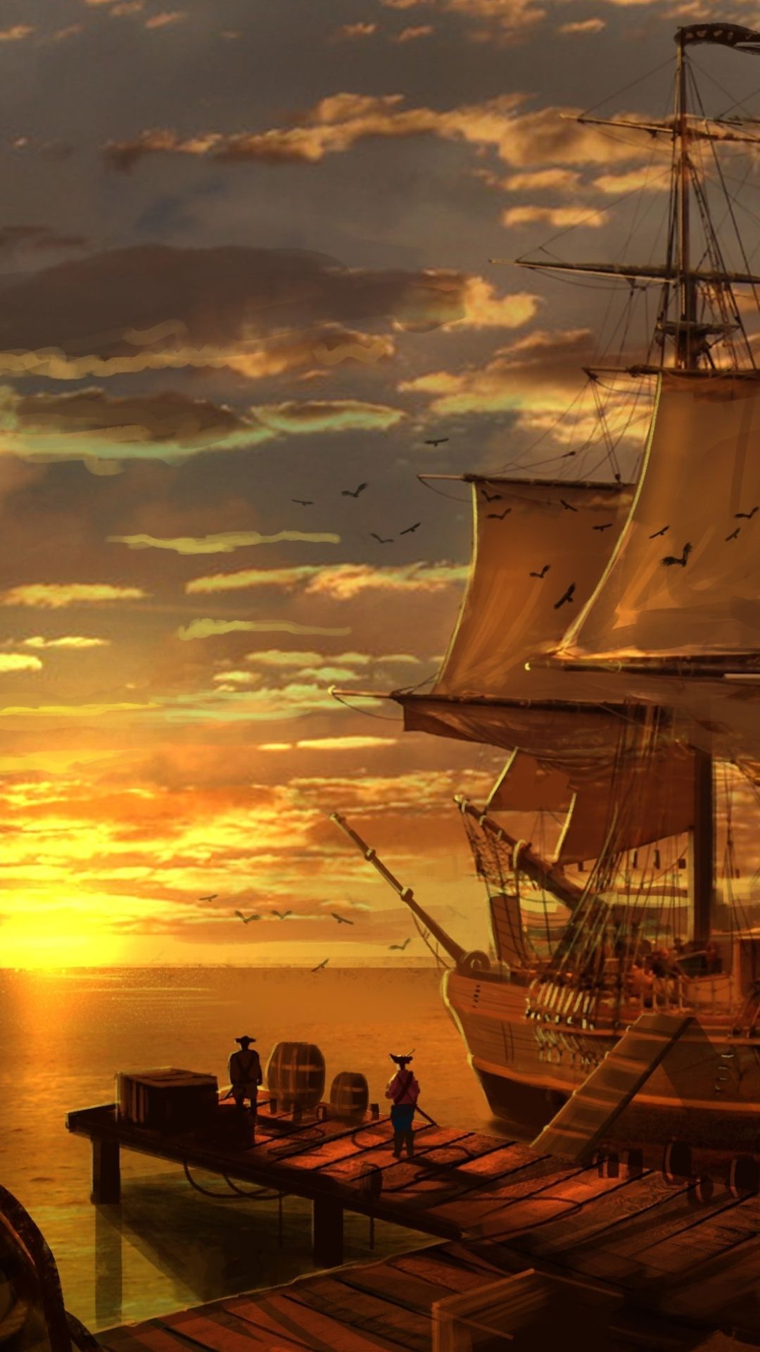 A painting of an old ship at sunset - Pirate