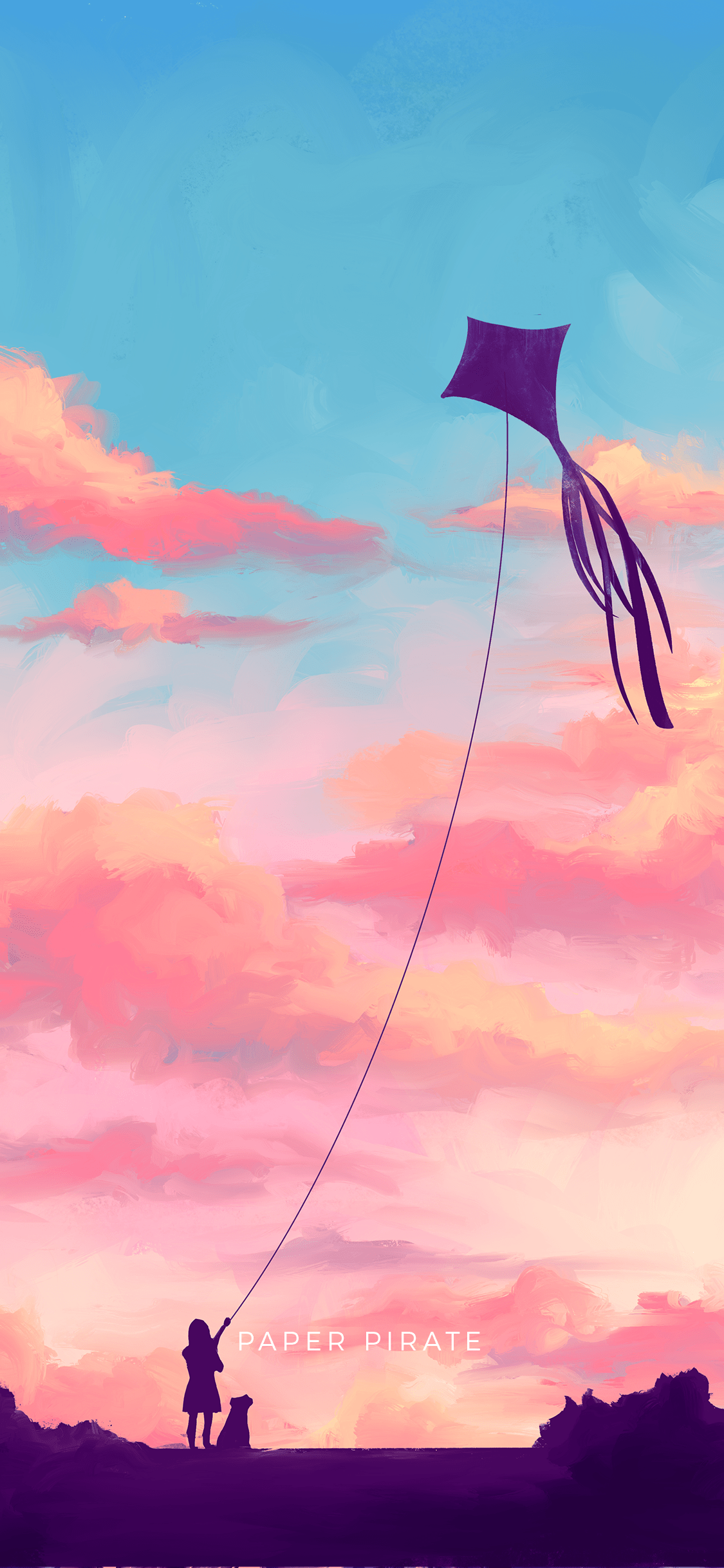 A digital painting of a girl flying a kite in a sunset sky. - Pirate