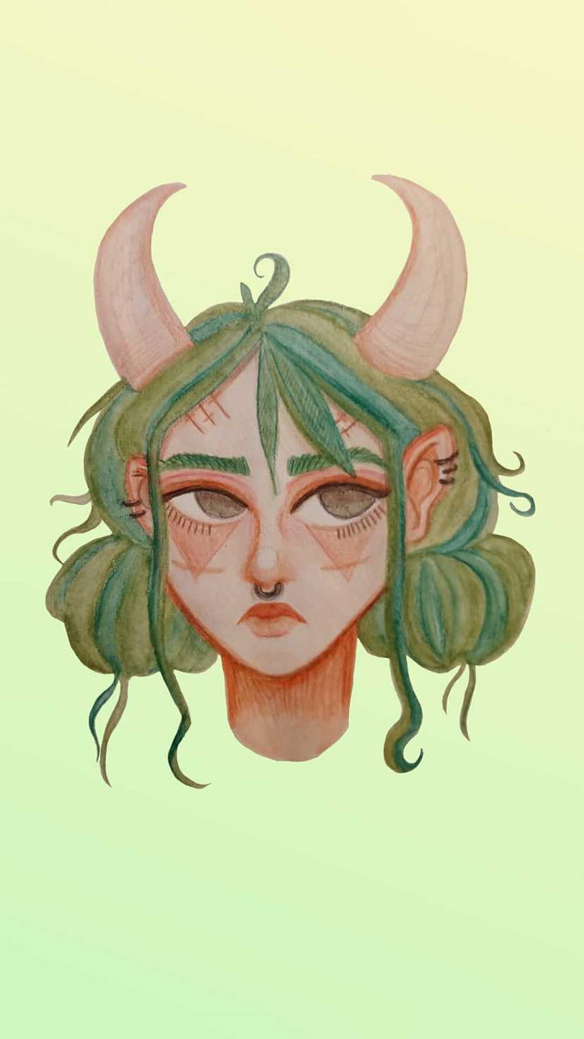 A watercolor painting of a woman with green hair and horns. - Taurus