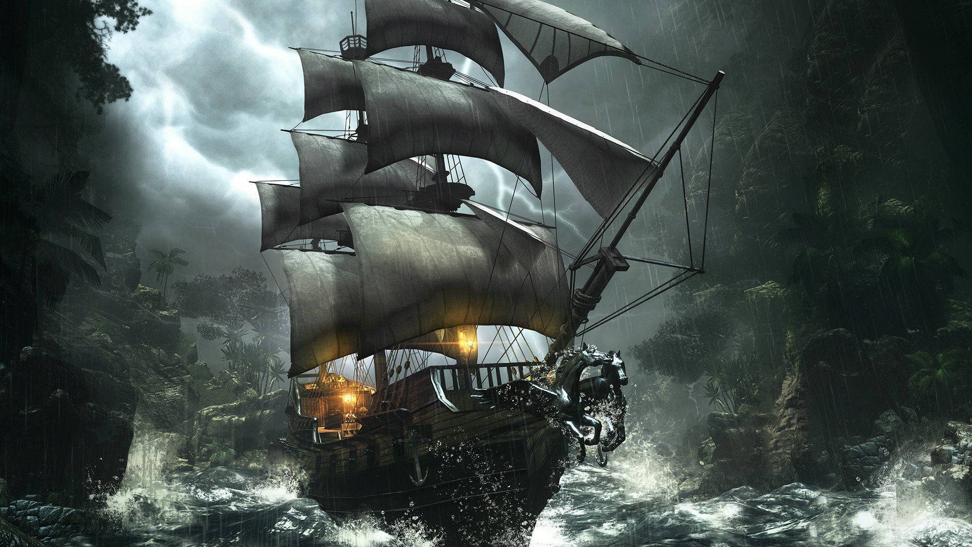 The pirate ship sails through the stormy sea. - Pirate