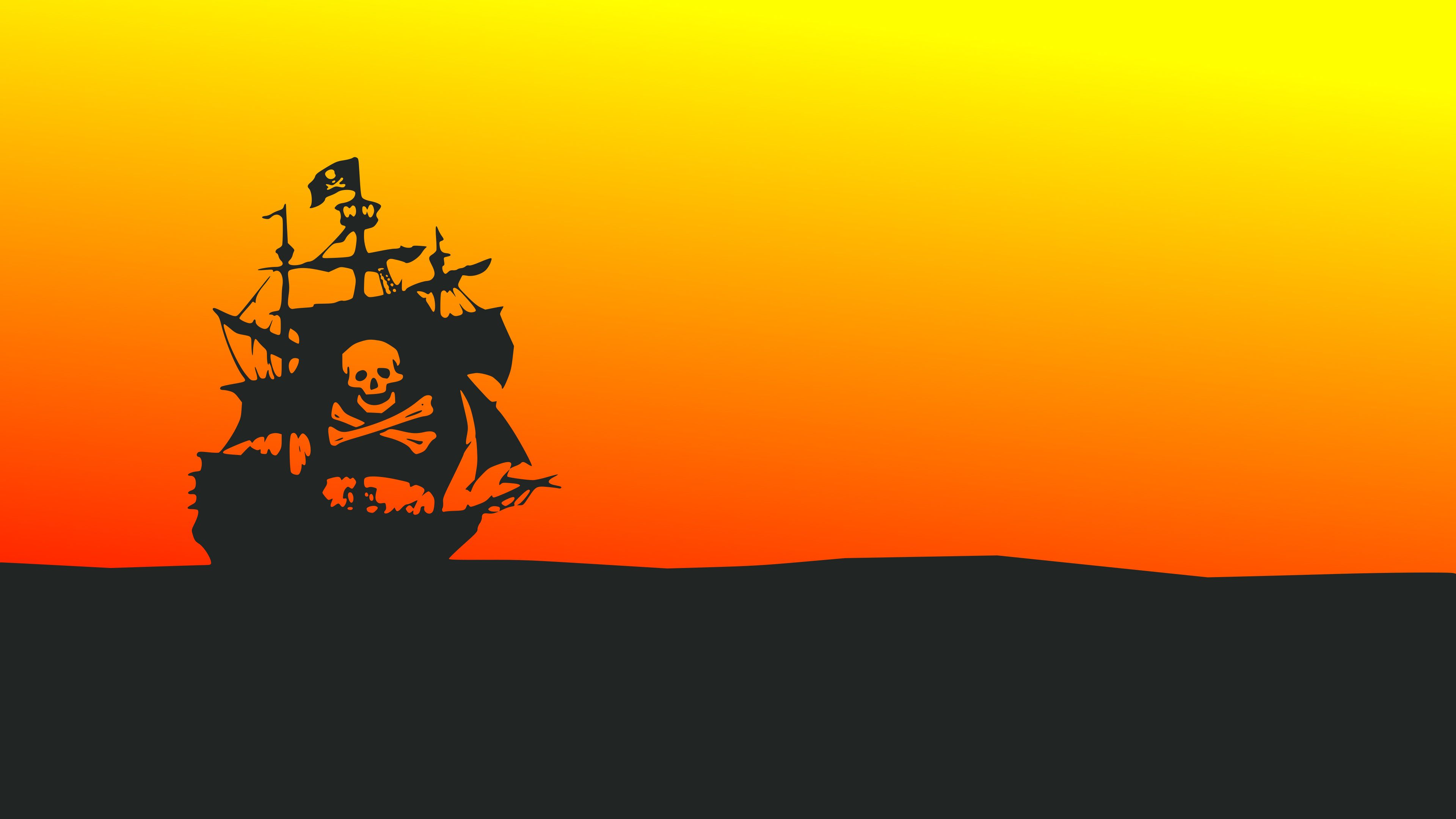 A pirate ship sails through the ocean at sunset. - Pirate