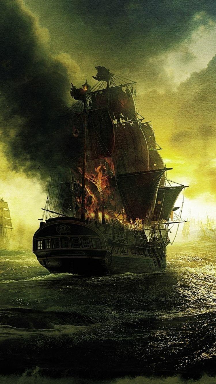 A painting of an old ship on fire - Pirate