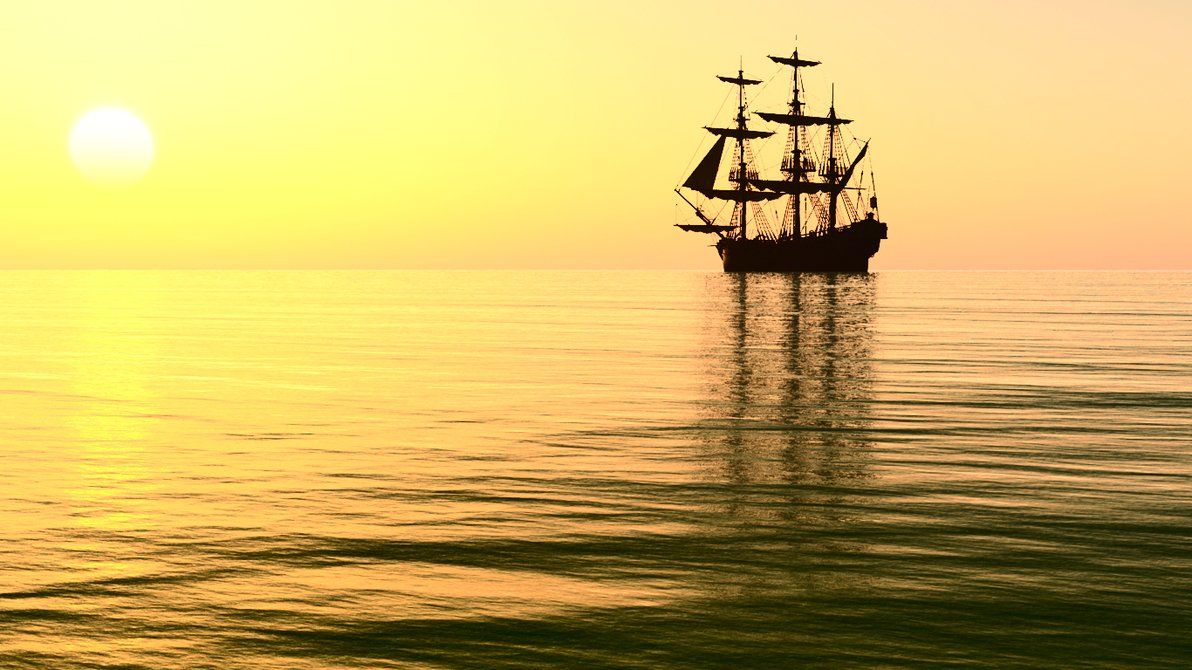 A pirate ship sailing on the ocean at sunset - Pirate