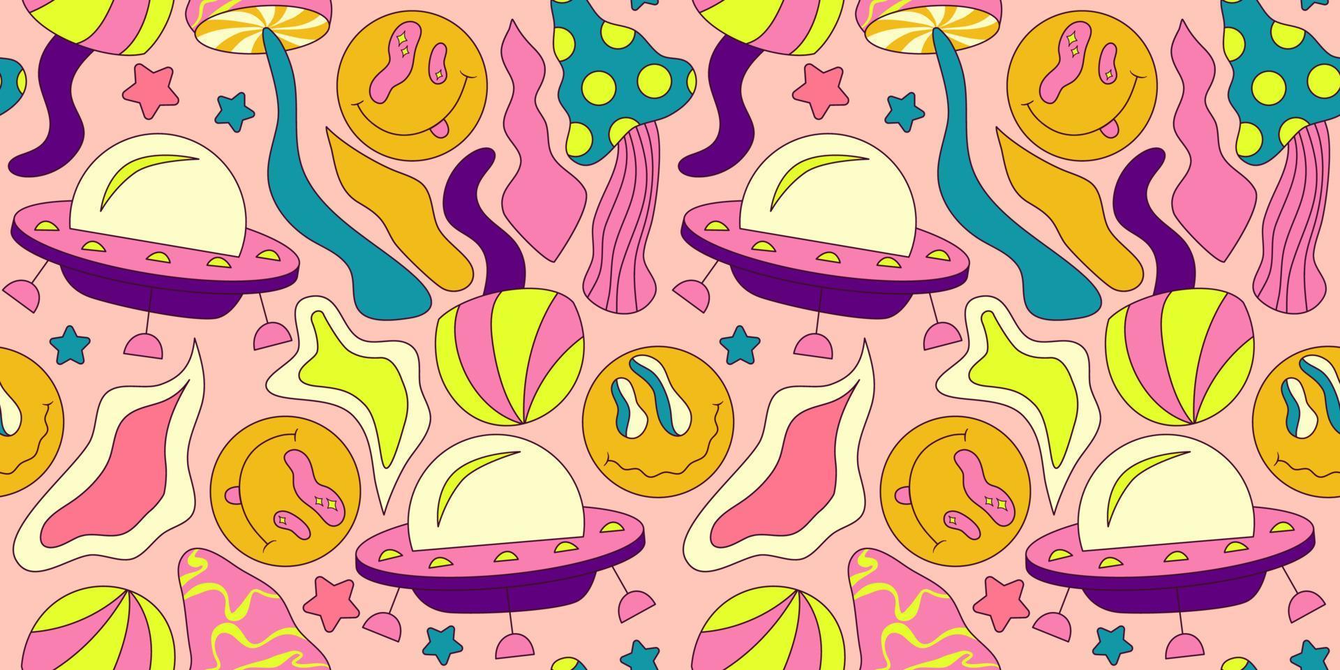 Trippy smile seamless pattern with ufo and mushroom. Psychedelic hippy groovy print. Good 60s, 70s, mood. Vector trippy crazy illustration. Smile face seamless pattern y2k style