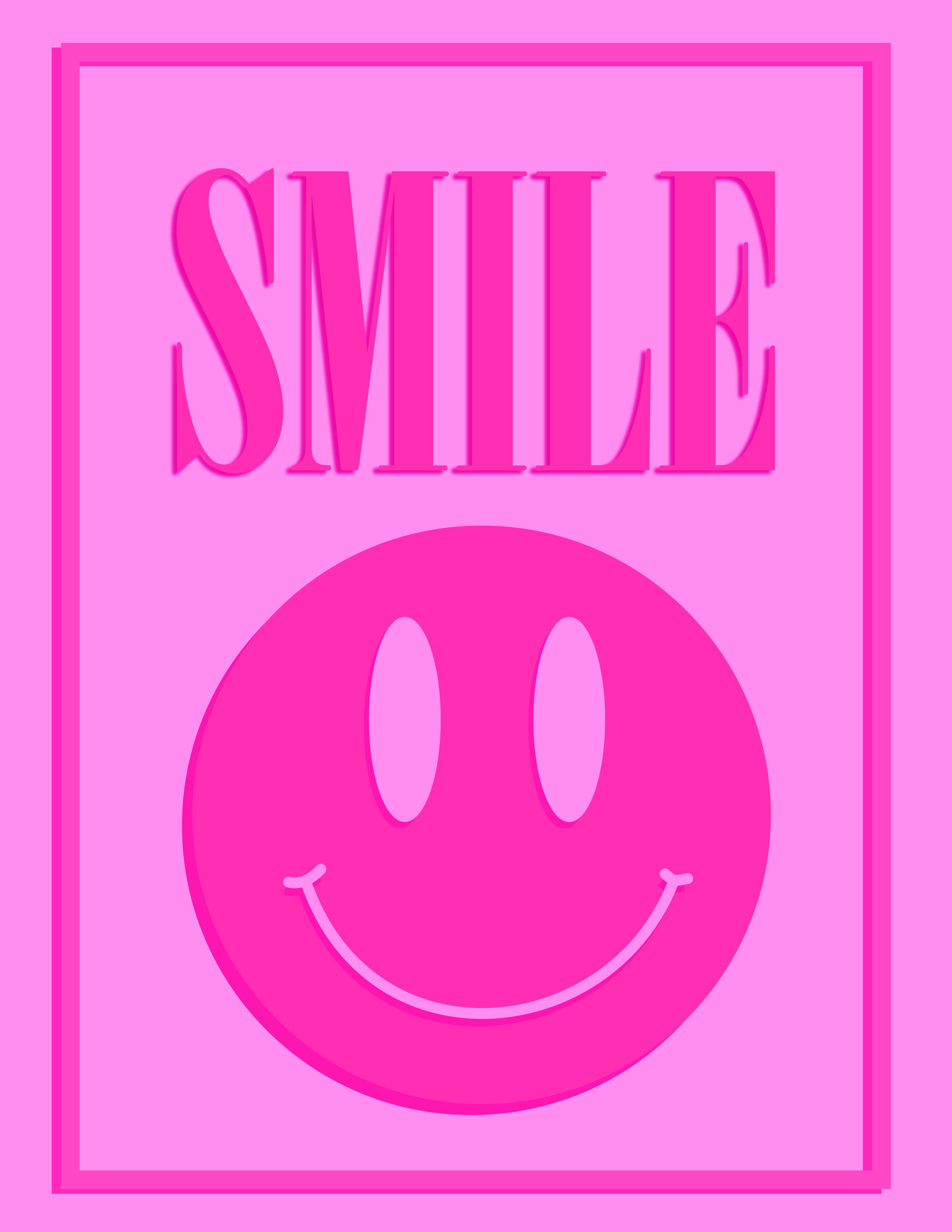 A pink smiley face with the word smile above it - Smile