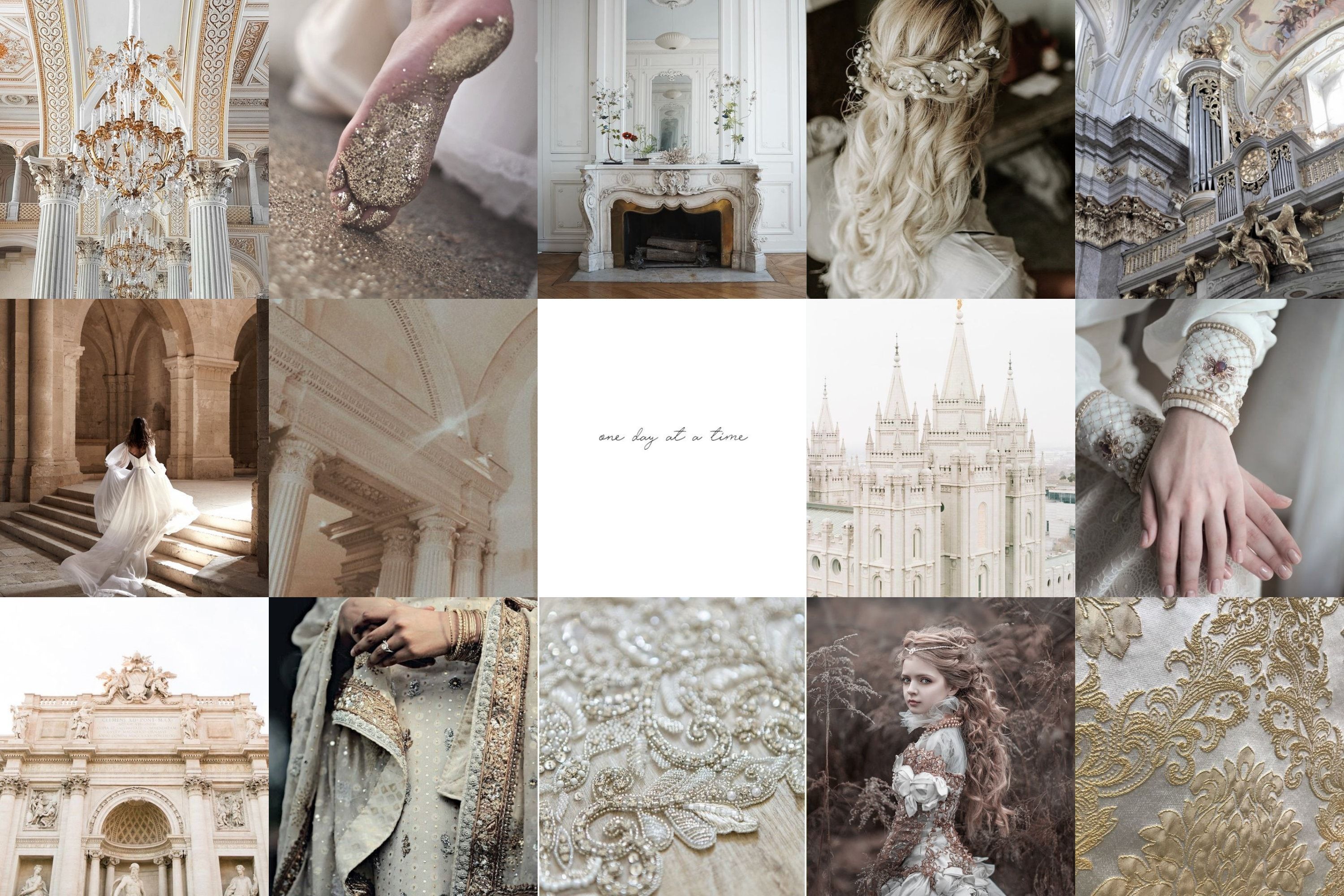 A collage of images including a dress, a cathedral, a book, and a woman's hands. - Royalcore