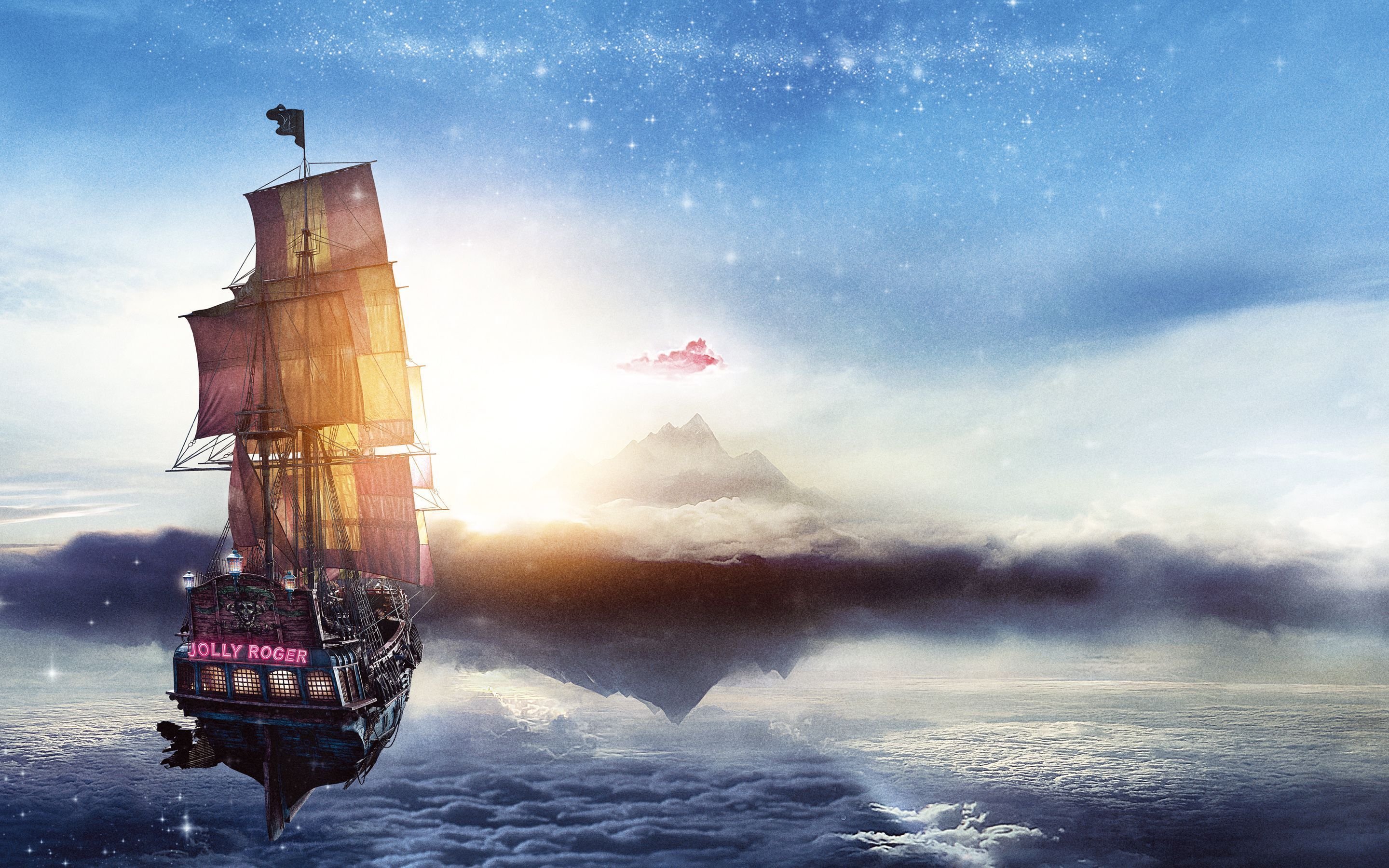 A ship sails through the clouds in the sky. - Pirate