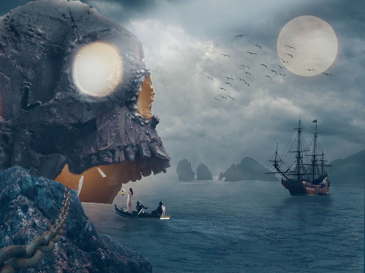 Pirates, island, ship, treasure, free picture