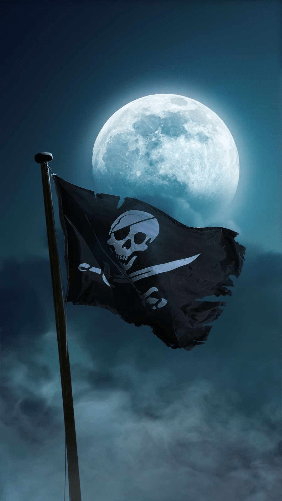 A pirate flag flies in the wind with a full moon in the background. - Pirate