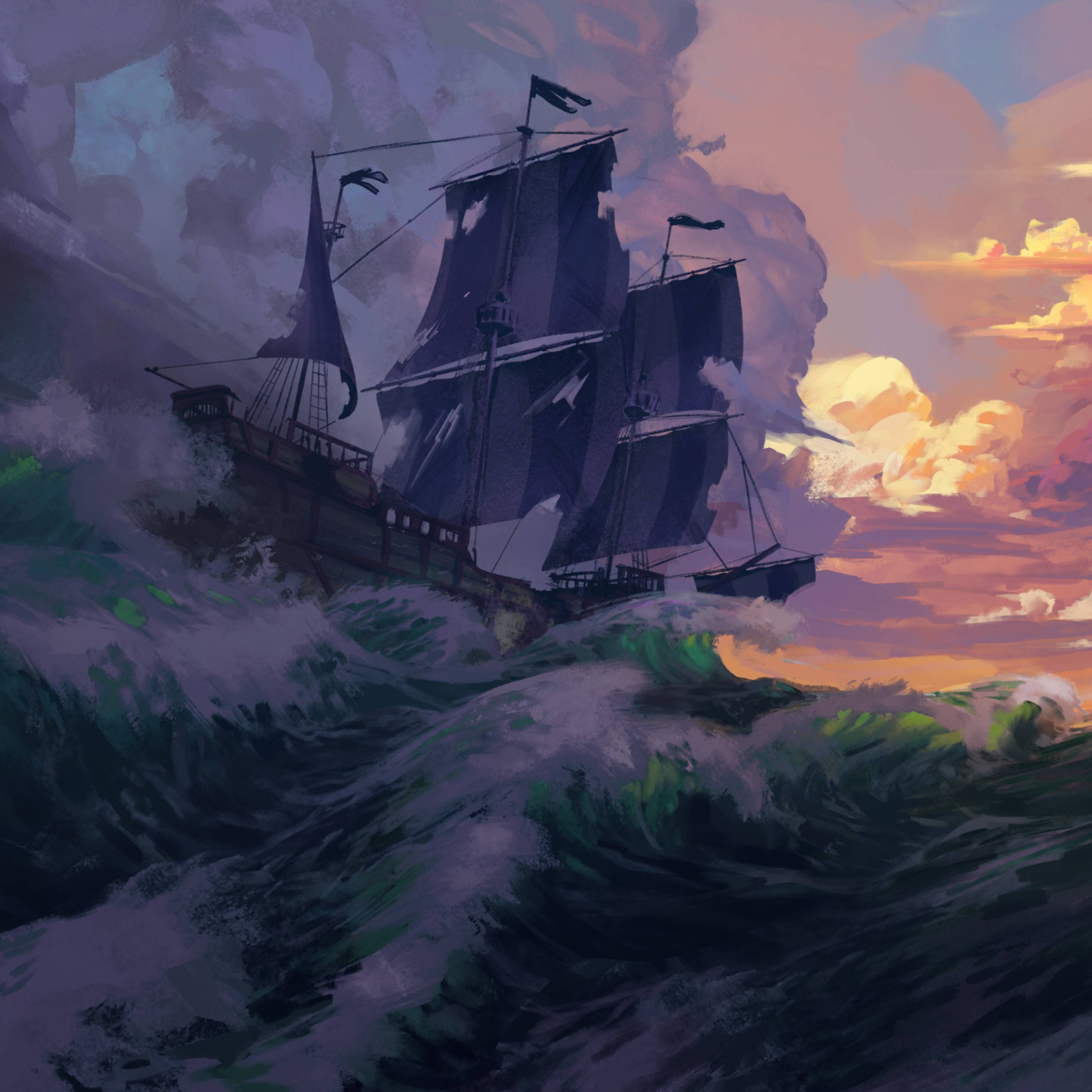A painting of an old sailing ship on the ocean - Pirate