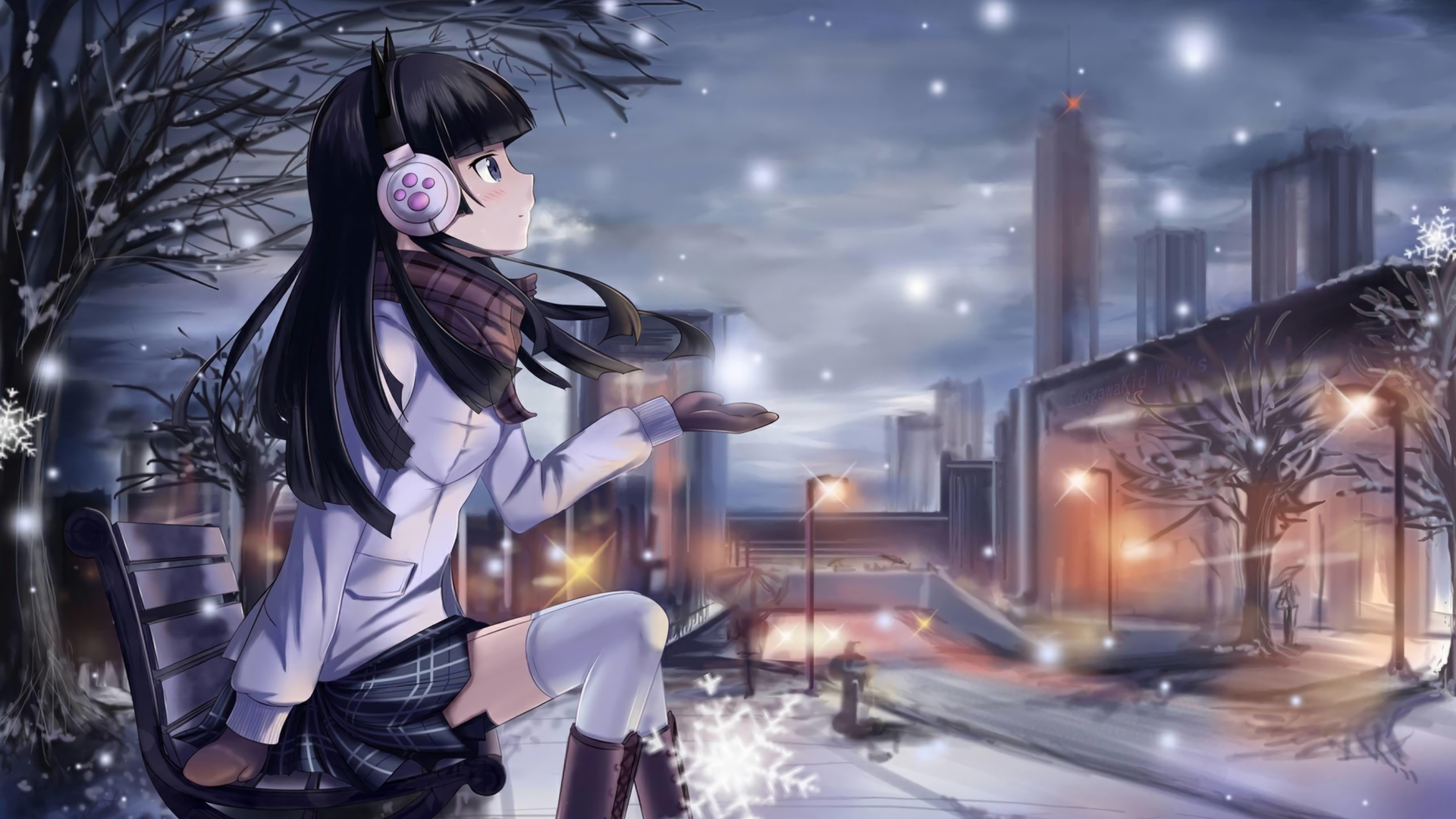 Anime girl sitting on a bench in the snow - Anime