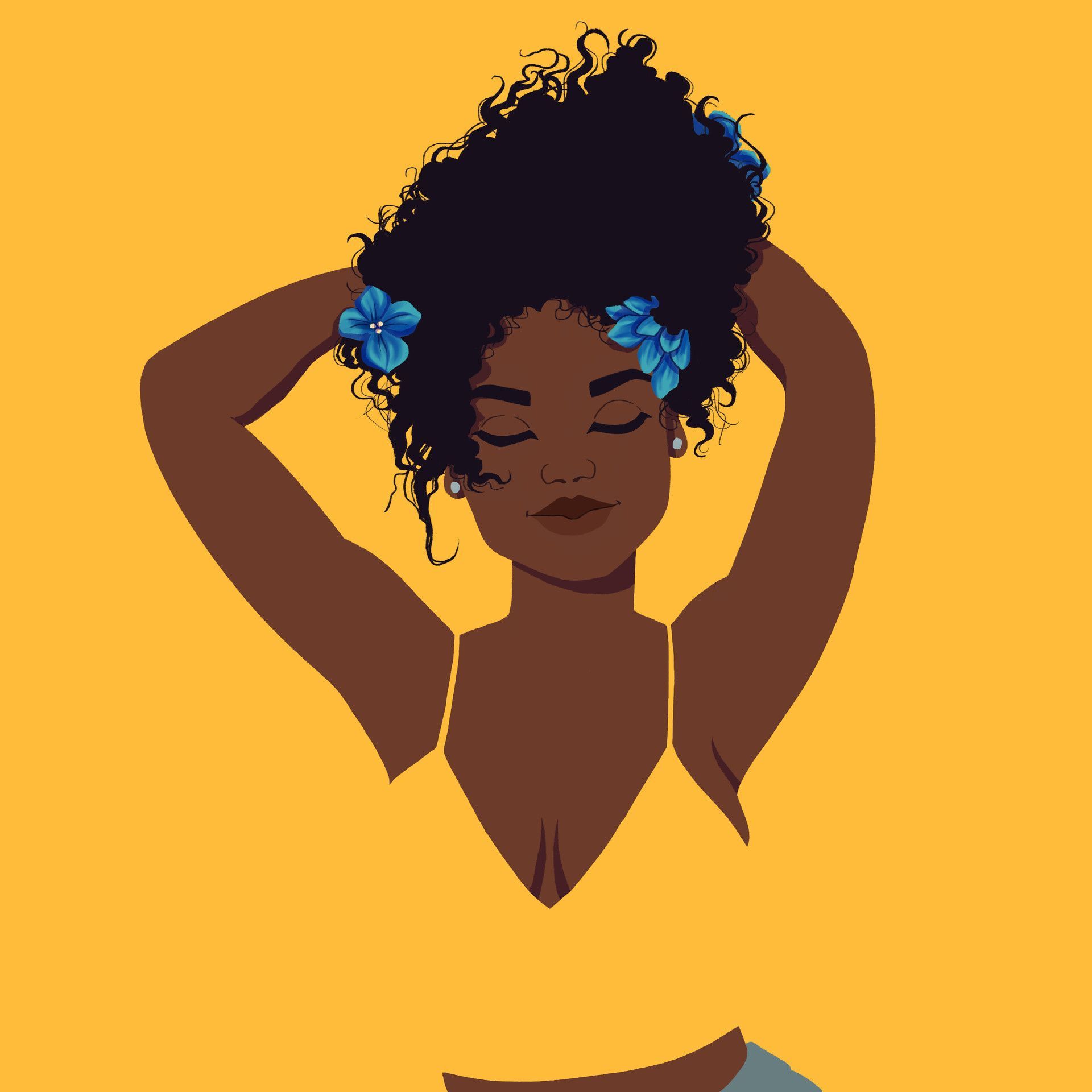 A cartoon image of a woman with her hair in a bun with blue flowers in her hair. - 