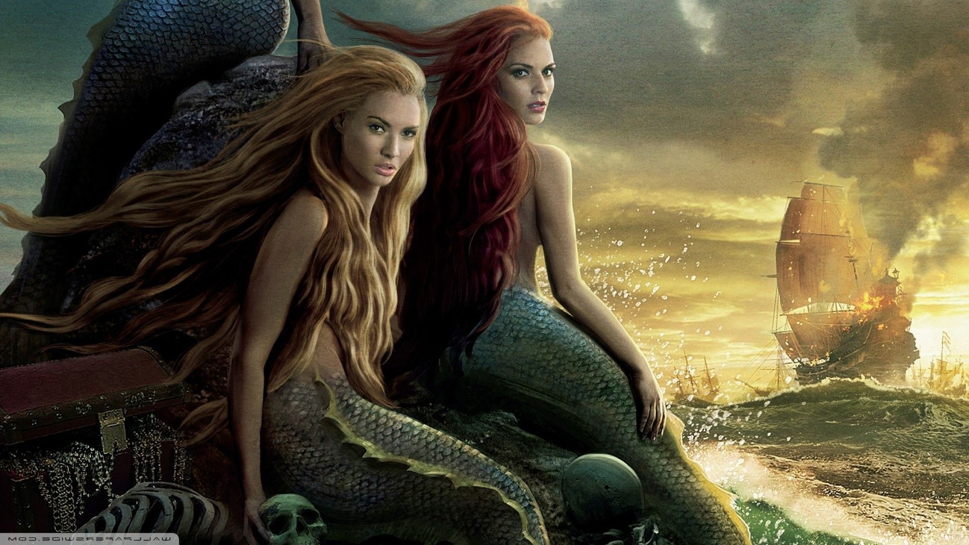 Two mermaids sitting on a rock in front of the ocean - Pirate
