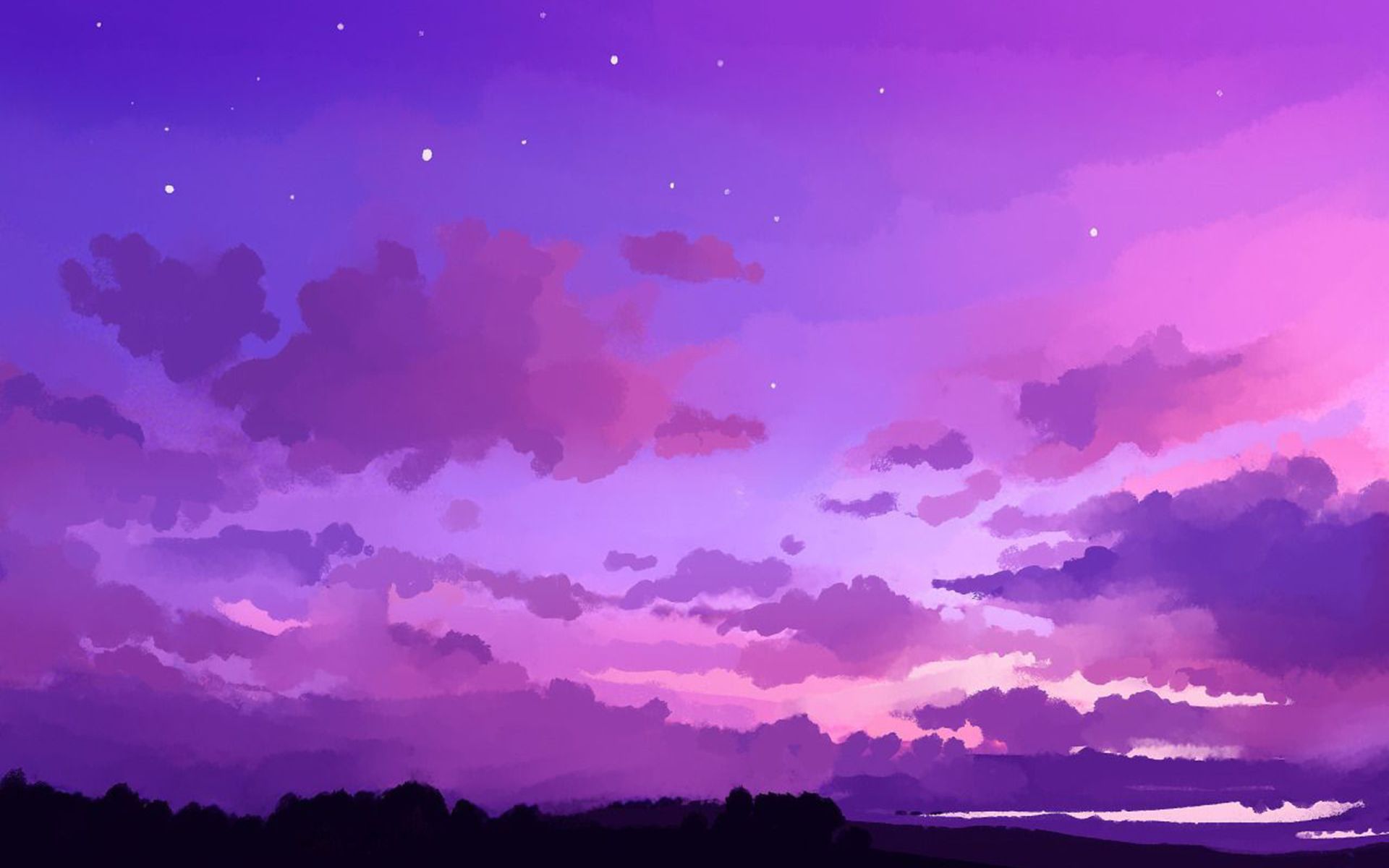 A painting of a purple and pink sunset sky with clouds and stars. - Computer, landscape, 1920x1200