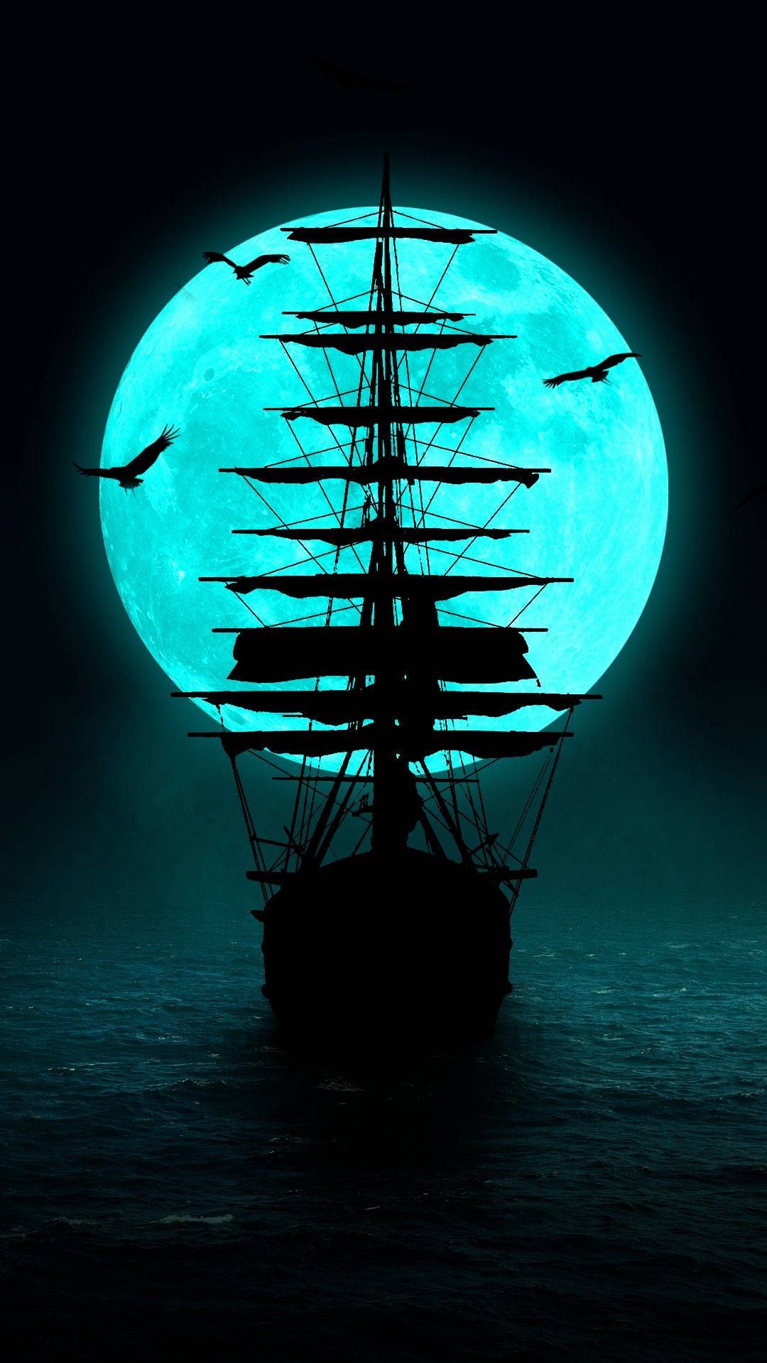 A ship in the ocean with a full moon in the background - Pirate