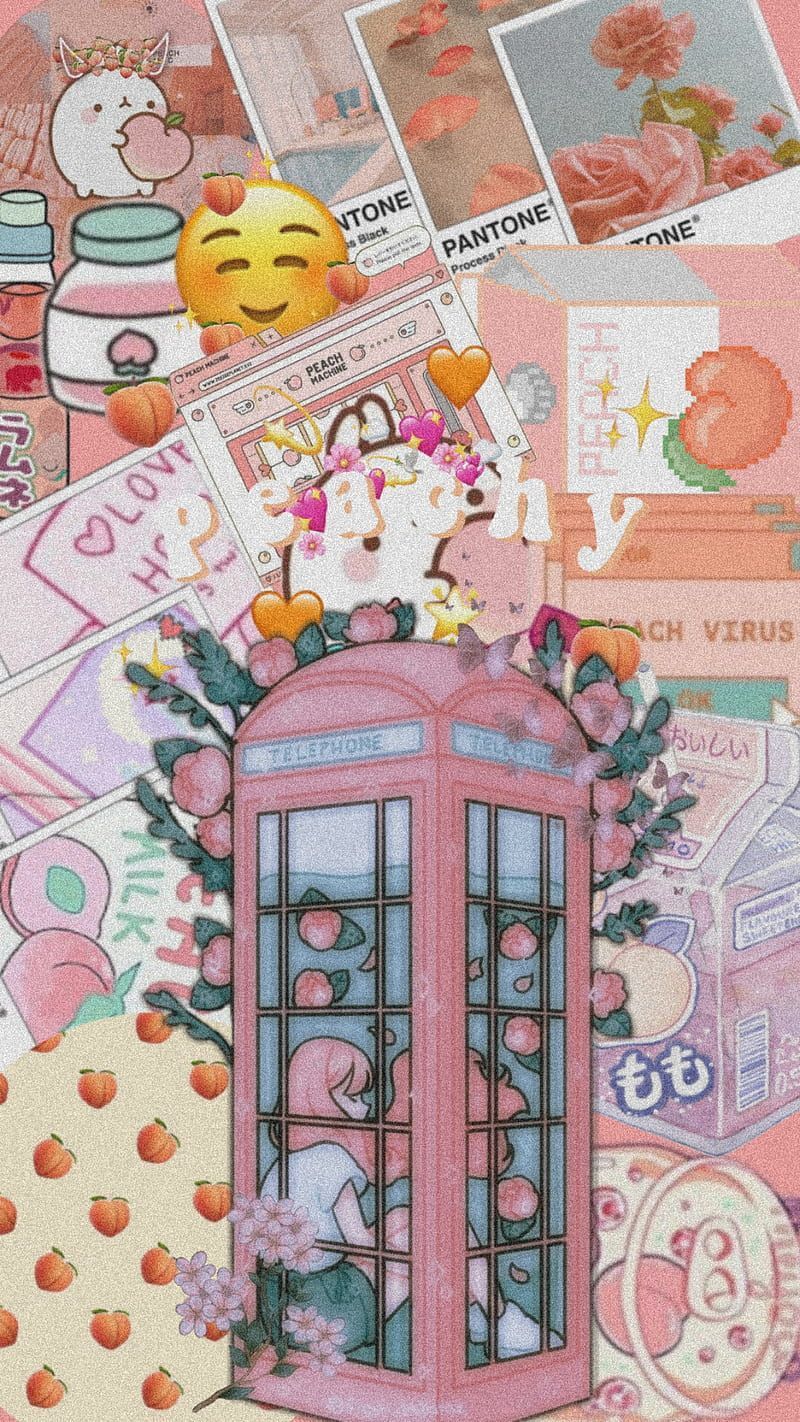 Aesthetic wallpaper phone background pink phone booth flowers fruit cute stickers phone case - Peach, Princess Peach