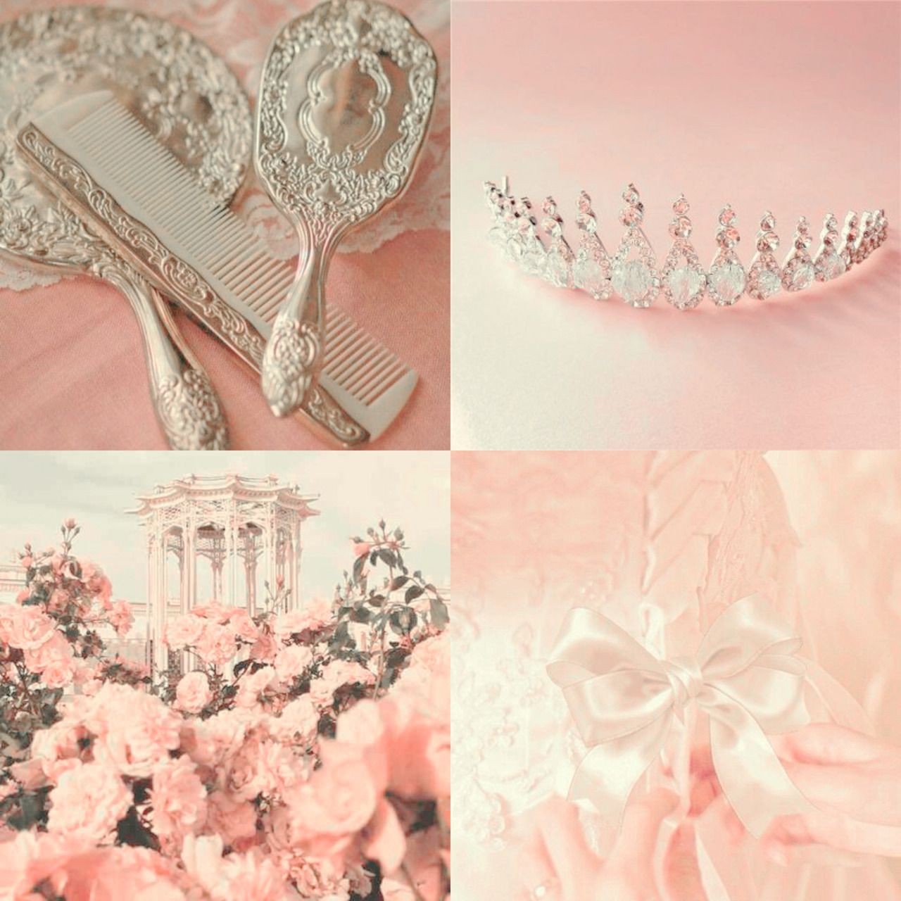 Aesthetic collage of a tiara, a vanity mirror, a pink rose bush, and a white bow - Royalcore