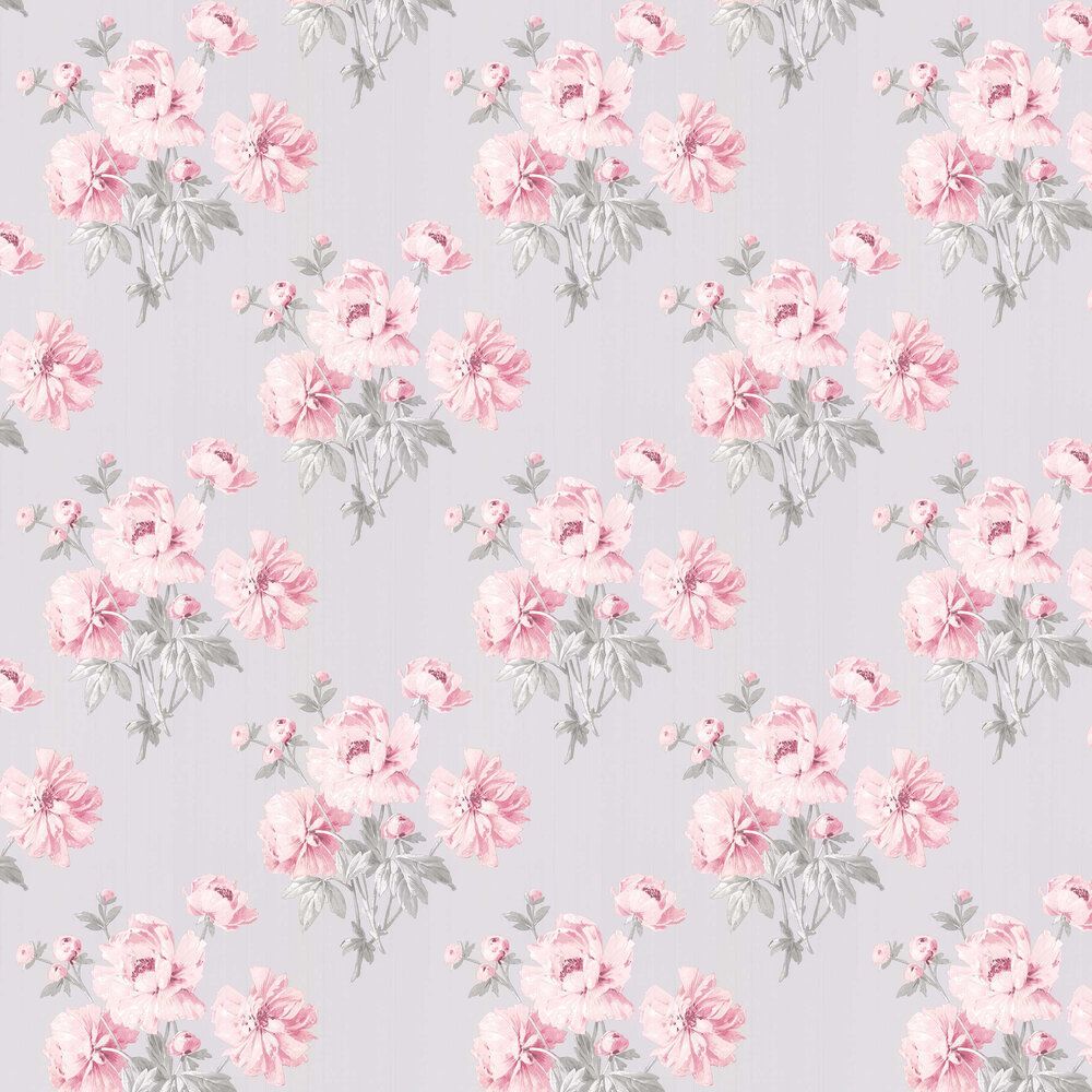 This Shabby Chic wallpaper features a vintage floral design in shades of pink and grey on a light grey background. - Royalcore