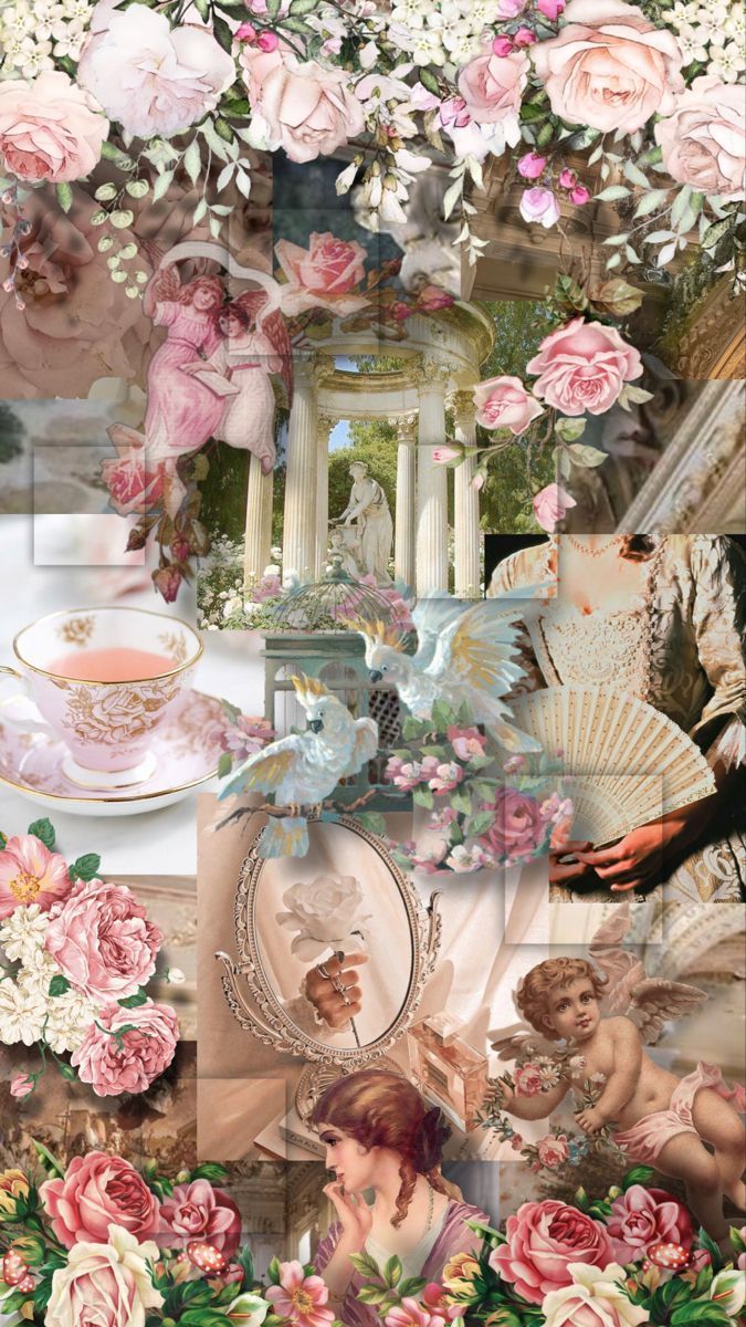 A collage of vintage pink roses, cherubs, and tea cups. - Royalcore