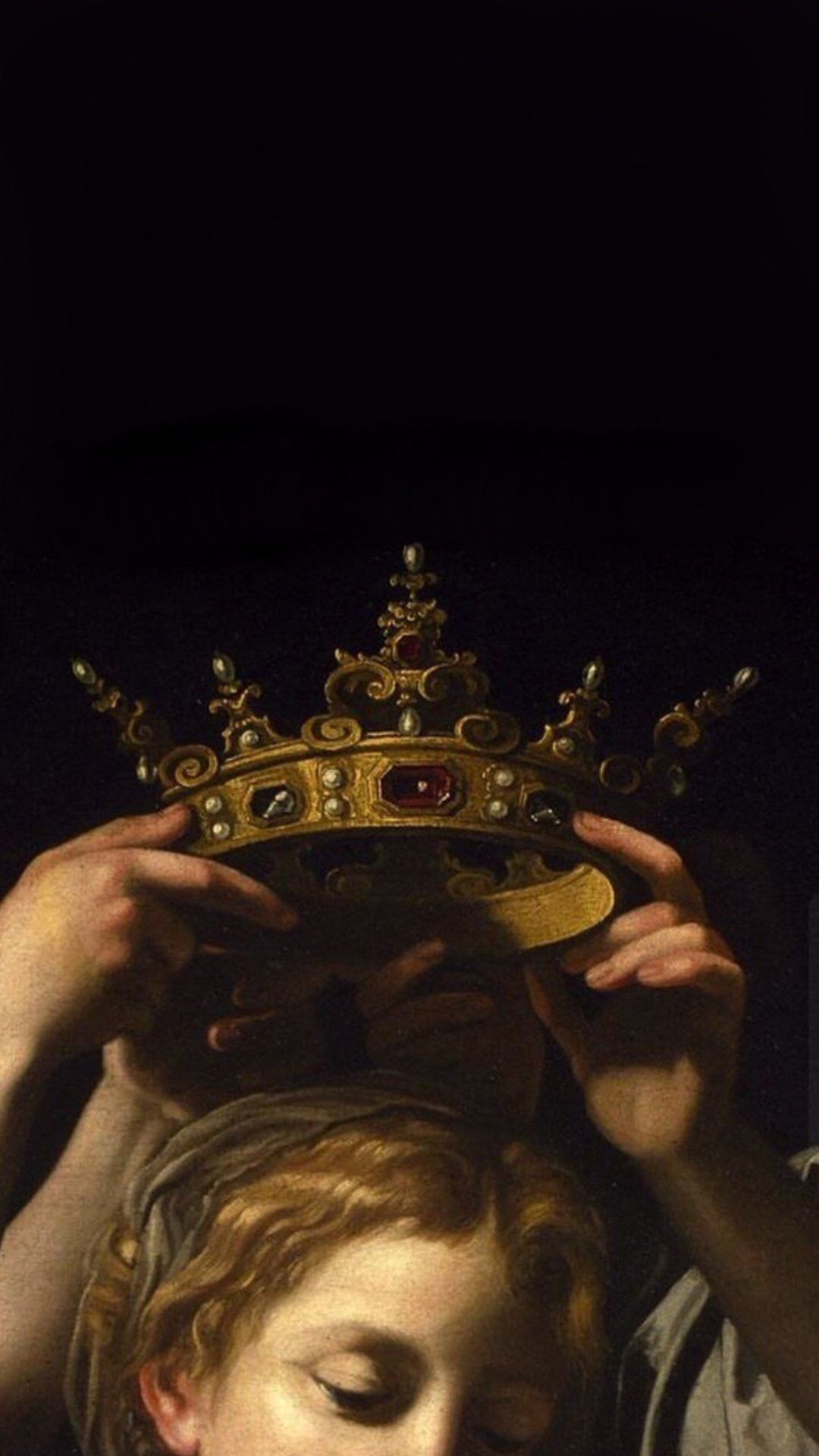 A painting of two people holding up crowns - Royalcore