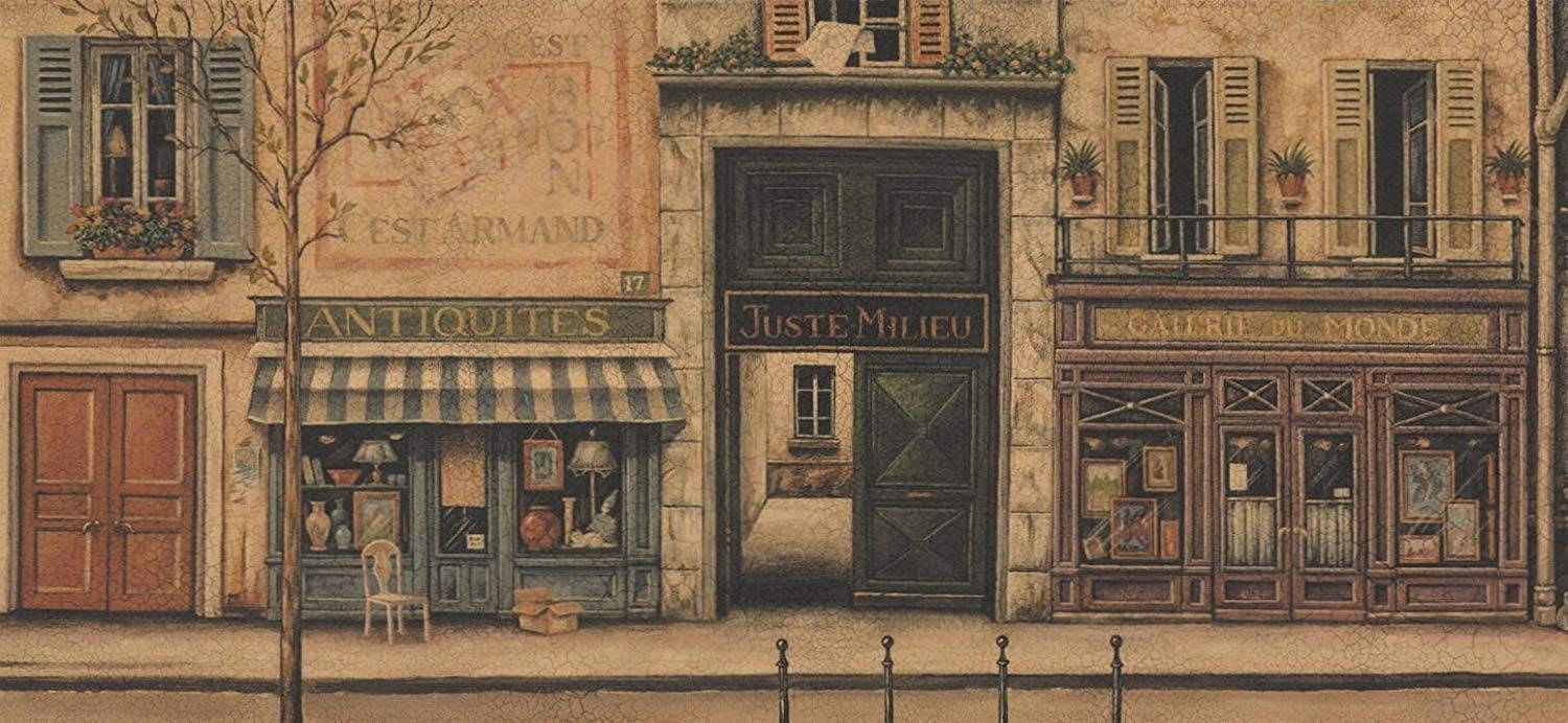 A painting of a street with a store on the left, a cafe on the right, and an antique store in the middle. - Royalcore, vintage, retro