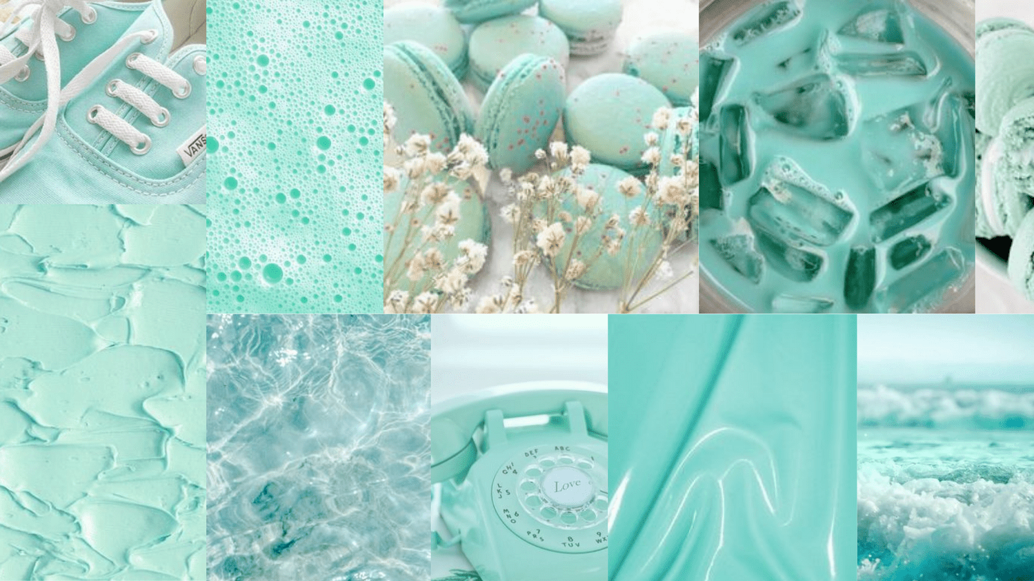 A collage of 10 different mint colored images. - Teal, cyan, turquoise