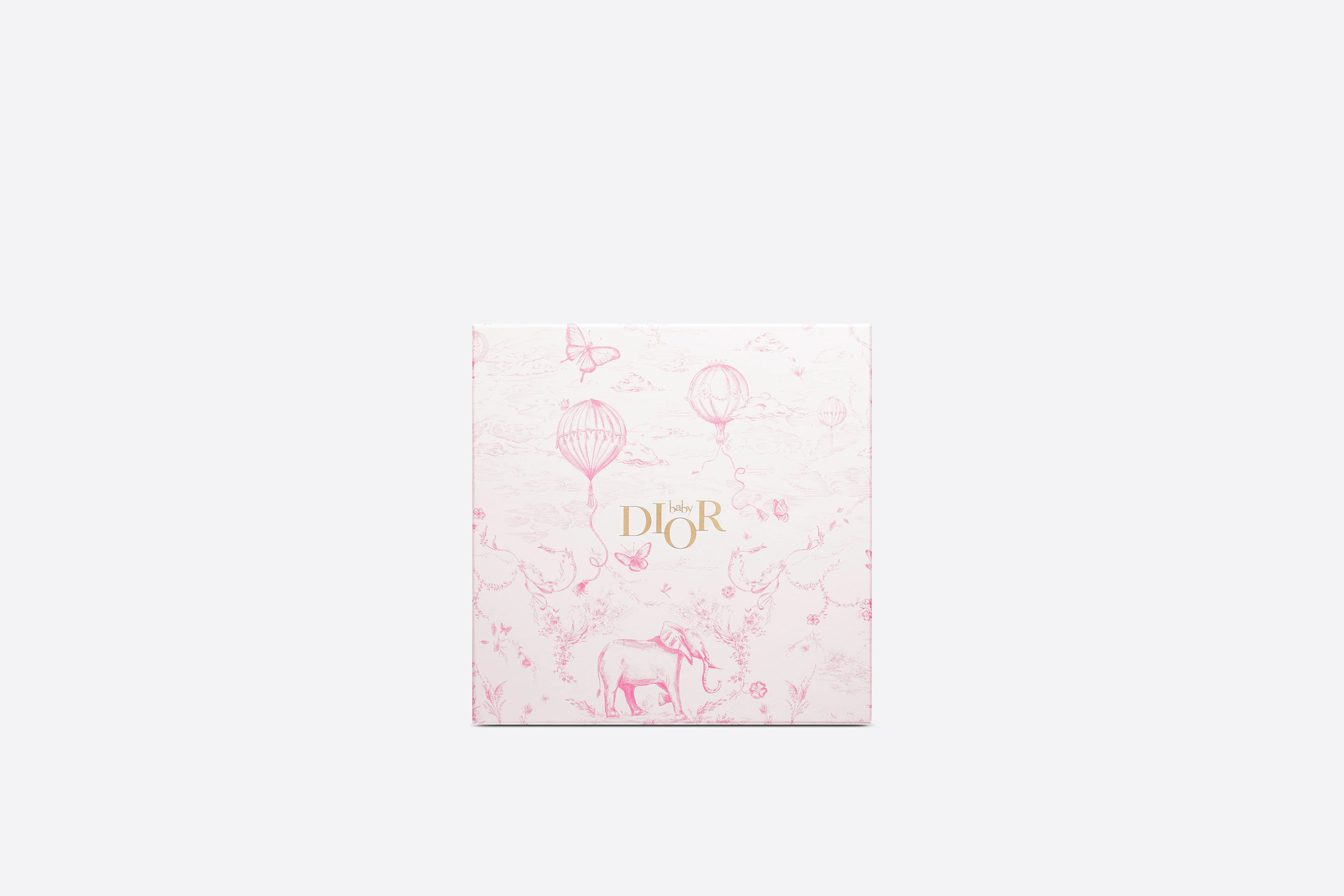 A white Dior gift box with a pink elephant, balloon, and butterfly illustration - Dior