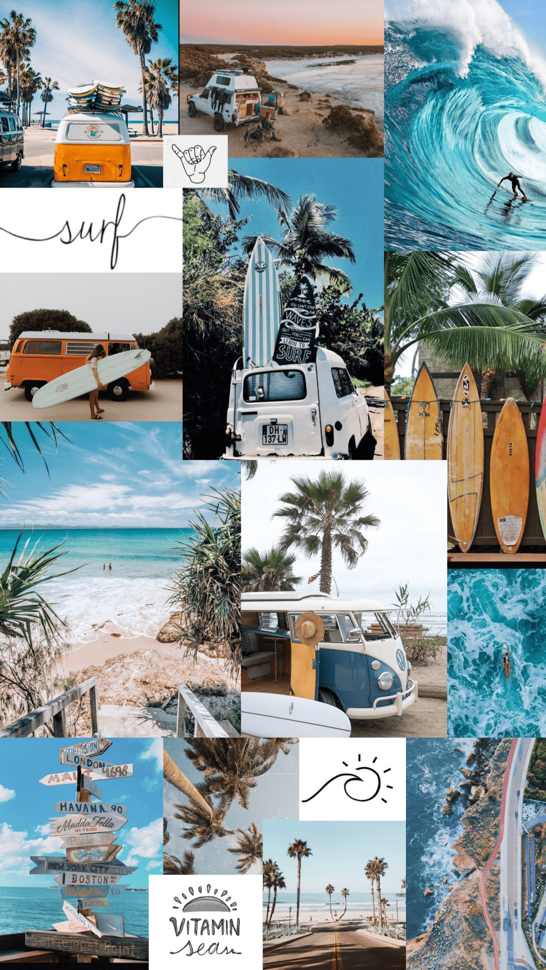 Collage of surfing photos including a van, surfboards, and palm trees. - Surf