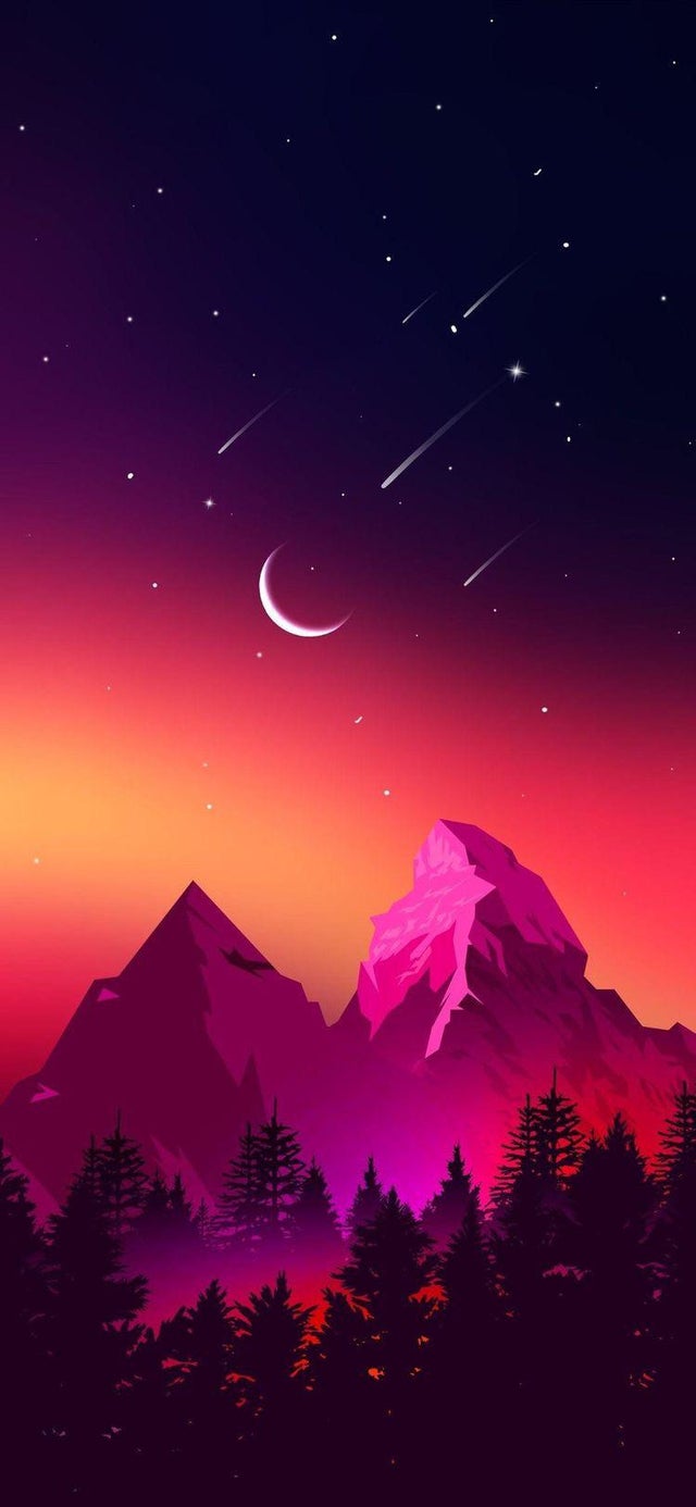 A purple and pink mountain with stars in the sky - Landscape