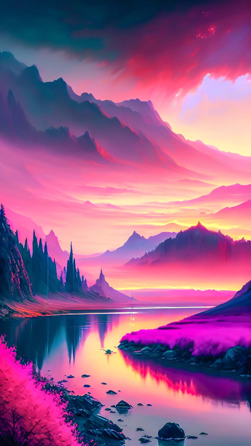 A beautiful pink and purple landscape with mountains and a lake - Landscape
