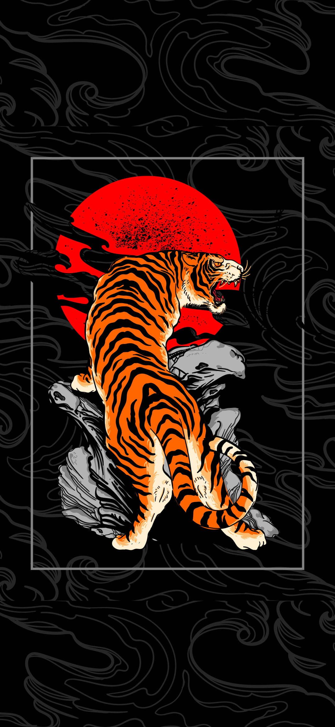 Download Black Tiger Stipes And Red Moon Wallpaper