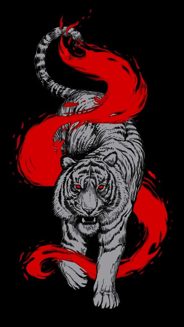 White tiger with red eyes, red and black background, chinese new year 2022, year of the tiger - Tiger