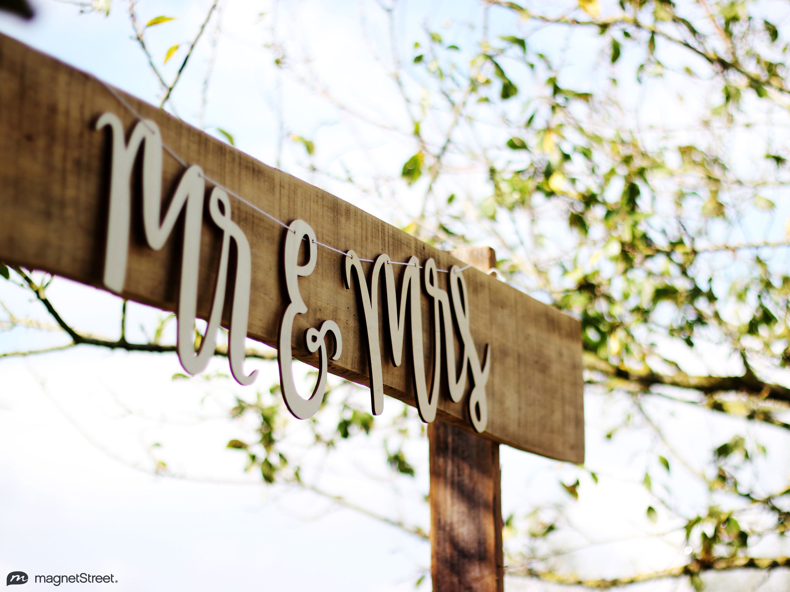 Wooden Mr and Mrs sign hanging from a tree - Wedding