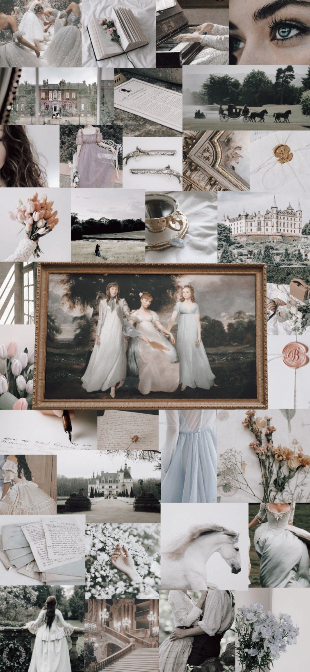Aesthetic collage of art, fashion, and nature photos in a vintage style - Bridgerton, wedding