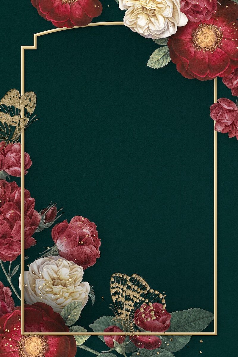 Red and white roses with a golden frame on a dark green background - Wedding