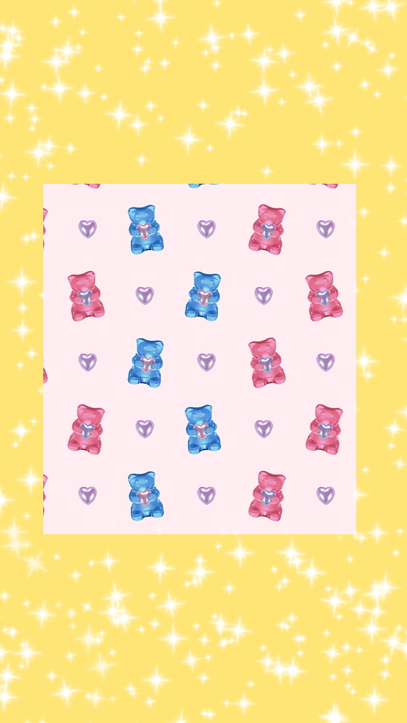 A yellow background with pink and blue hearts - Candy